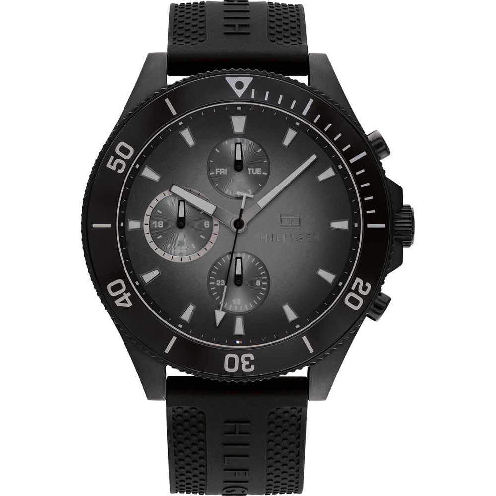 This Tommy Hilfiger Larson Multi Dial Watch for Men is the perfect timepiece to wear or to gift. It's Black 46 mm Round case combined with the comfortable Black Silicone will ensure you enjoy this stunning timepiece without any compromise. Operated by a high quality Quartz movement and water resistant to 5 bars, your watch will keep ticking. This fashionable watch with numbers on the bezel is a perfect gift for New Year, birthdays, Valentine's day and so on. -The watch has a calendar function: Day-Date, 24-hour Display. High quality 21 cm length and 20 mm width. Black Silicone strap with a Buckle. Case diameter: 46 mm, case thickness: 10 mm, case colour: Black and dial colour: Black