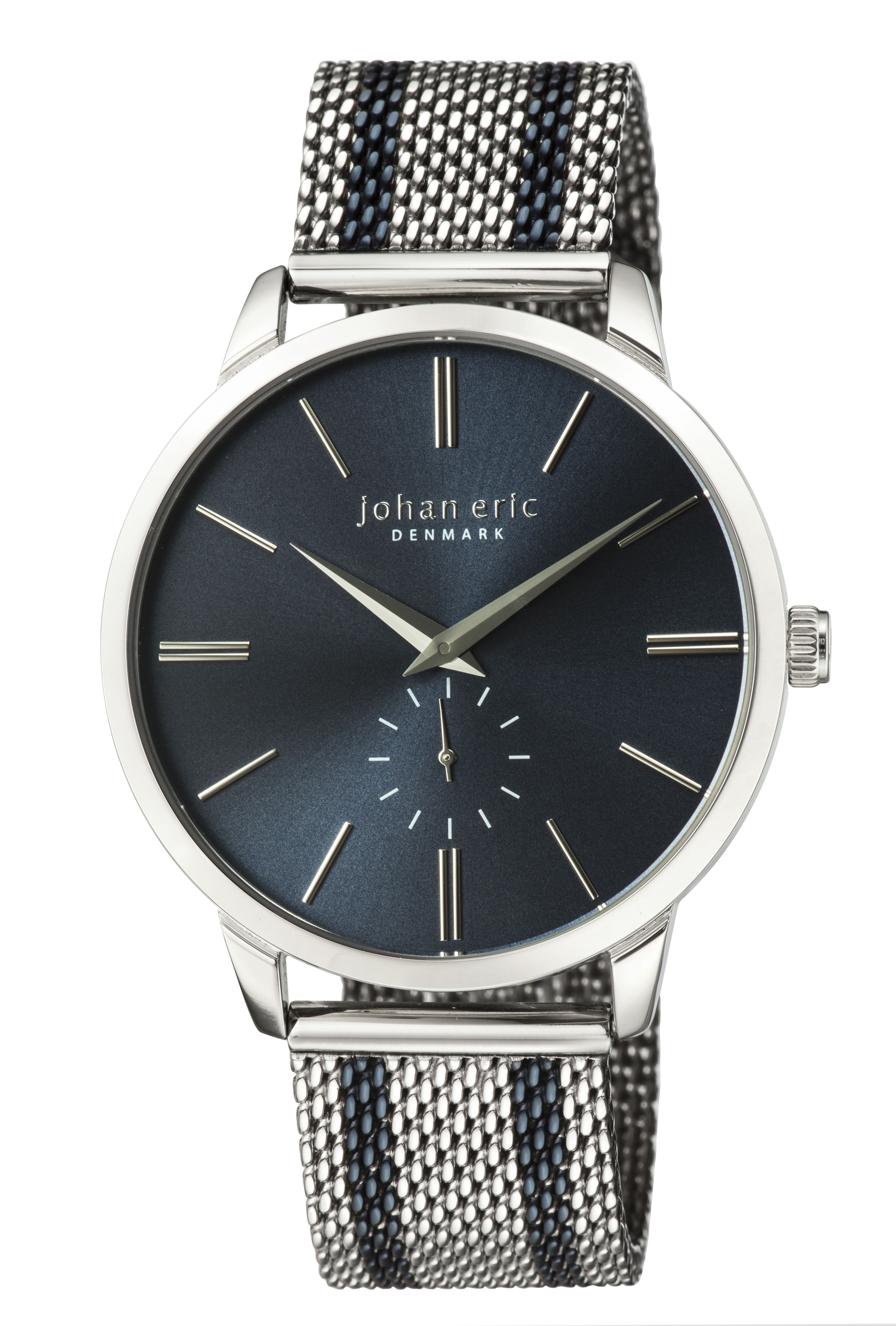 Johan Eric Kolding, Stainless Steel Silver Watch with silver/blue Two Tone Mesh Strap