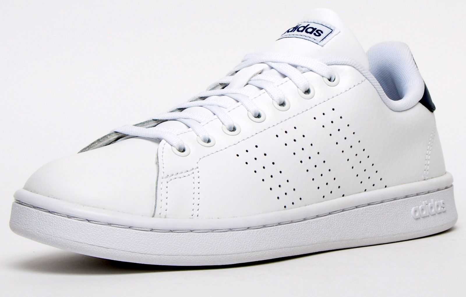 Step out in unbeatable Adidas style with this new in Adidas Advantage lifestyle trainer. These Adidas trainers have a vintage styled throwback court look with improved modern comfort. Designed in an on-trend crisp clean white colourway and detailed with perforated 3-stripes to the side for a luxe designer led finish. The contrasting navy trims show of the visual aesthetics of this classic trainer while the padded heel and ankle collar, plus the super comfy cloudfoam comfort insole moulds the trainer to your foot for superior step in comfort throughout your daily wear.
 - Leather / synthetic upper 
 - Secure up front lace fastening 
 - Cloudfoam cushioned insole offers comfort 
 - Textured vintage styled sole unit
 - Adidas branding throughout
Please Note: 
These Adidas trainers are sold as B grades which means there may be some very slight cosmetic issues on the shoe and they come in a white Adidas box with on most occasions the Adidas brand authenticity details attached to them. There could occasional be issues with wrong swing tags being allocated to wrong shoes by Adidas themselves which could result in some size confusion but you must take the size IN THE SHOE as the size that the shoe actually is ( not what is on the tag ). We have checked most of the shoes and in our opinion, all are practically perfect without any blemishes on them at all and in essence if the shoes did not have the letter B denoted on the swing tag you would presume these were perfect shoes. All shoes are guaranteed against fair wear and tear and offer a substantial saving against the normal high street price. The overall function or performance of the shoe will not be affected by any minor cosmetic issues. B Grades are original authentic products released by the brand manufacturer with their approval at greatly reduced prices. If you are unhappy with your purchase, we will be more than happy to take the shoes back from you and issue a full refund