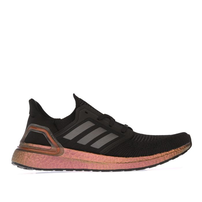 Mens adidas Ultraboost 20 Running Shoes in black.- adidas Primeknit textile upper.- Lace closure.- Snug  sock-like fit.- Lightly padded ankle.- Tailored Fibre Placement locked-in fit.- Responsive Boost midsole.- Stretchweb outsole with Continental™ Rubber.- Textile upper  Textile lining  Stretchweb sole.- Ref.: EG9749