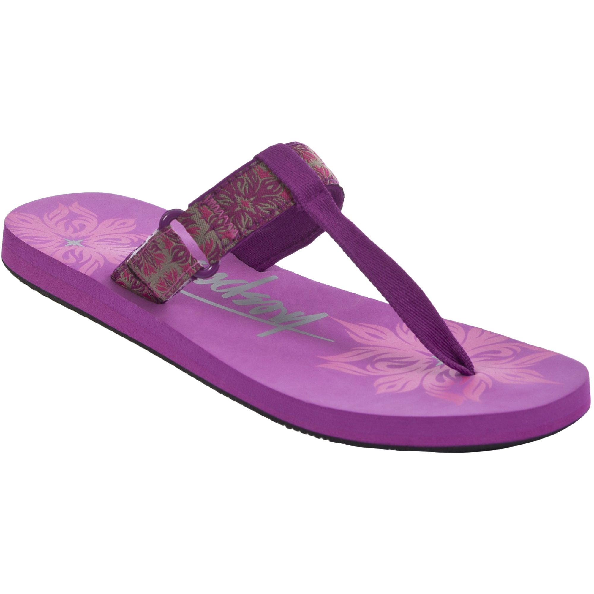 Womens lifestyle thong sandals. Webbing upper. Hook and loop instep strap. Cushioned EVA footbed with printed design. Upper: Textile, Midsole: Die Cut EVA, Outsole: Rubber.