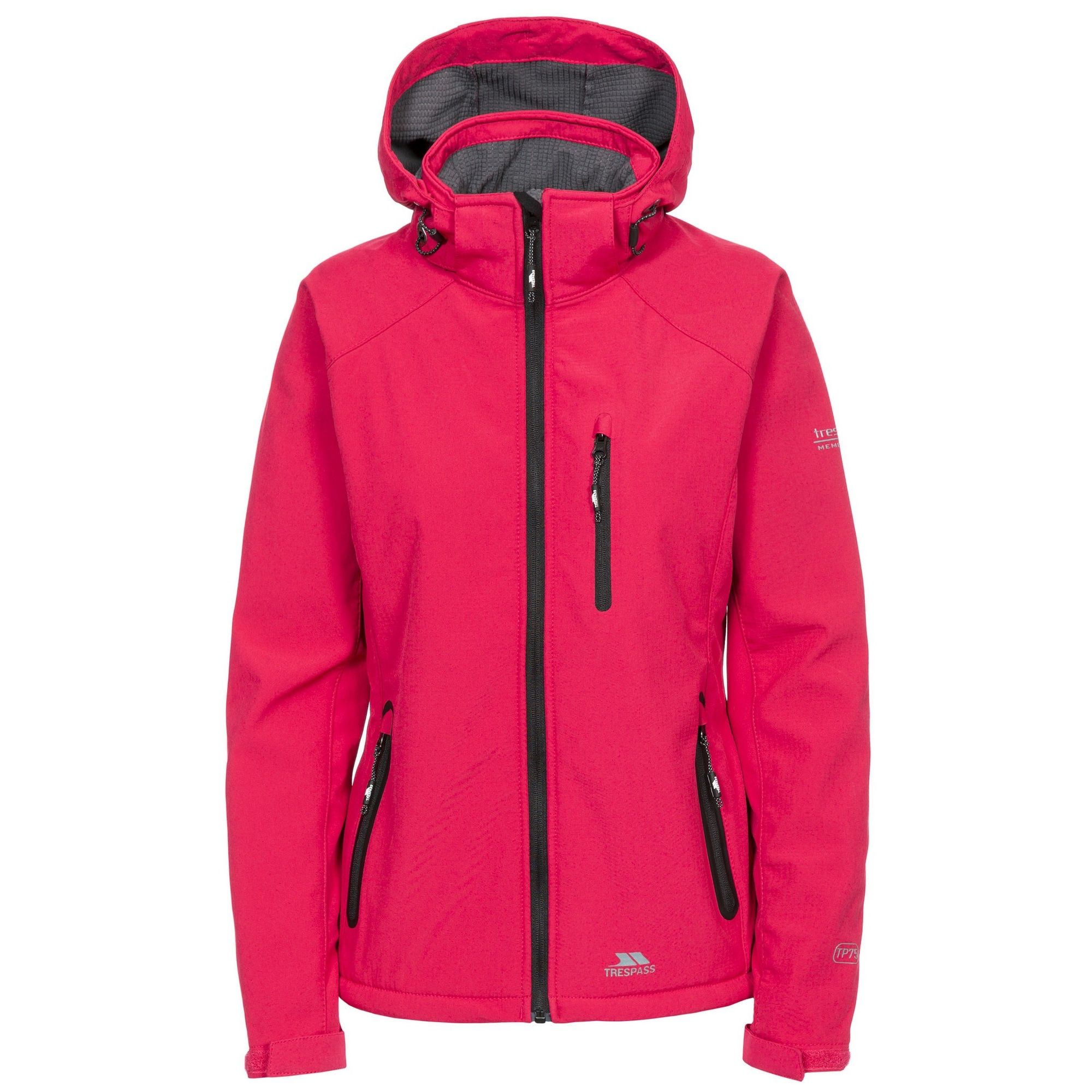Waterproof jacket with adjustable zip off hood. Contrast zips. 3 low profile zip pockets. Flat cuff with tab adjuster. Chin guard. Drawcord at hem. Waterproof 8000mm, breathable 3000mvp, windproof. 94% polyester, 4% elastane, TPU membrane. Trespass Womens Chest Sizing (approx): XS/8 - 32in/81cm, S/10 - 34in/86cm, M/12 - 36in/91.4cm, L/14 - 38in/96.5cm, XL/16 - 40in/101.5cm, XXL/18 - 42in/106.5cm.