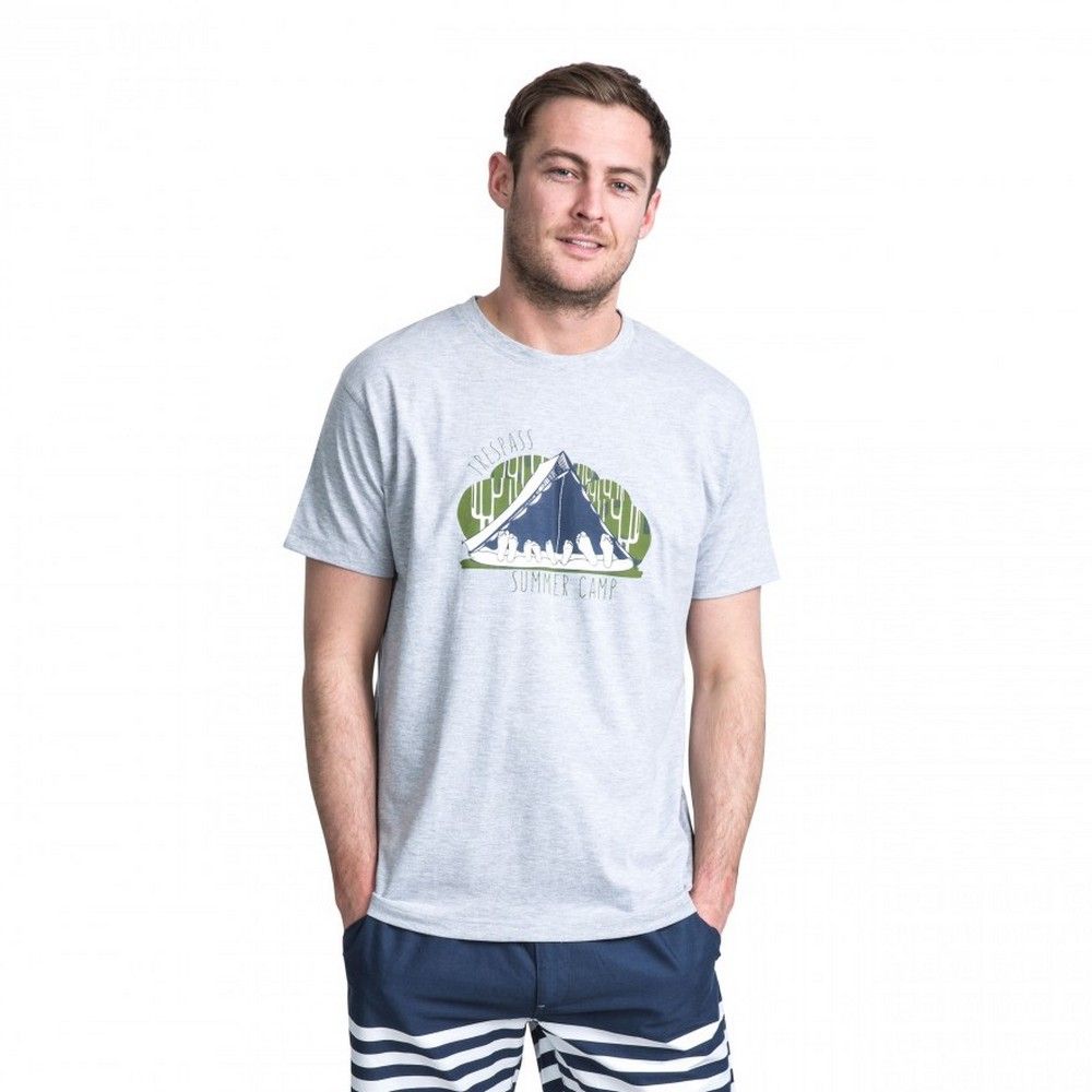 Mens short sleeved T-shirt with round neck. Print on chest. 65% Polyester/35% Cotton. Trespass Mens Chest Sizing (approx): S - 35-37in/89-94cm, M - 38-40in/96.5-101.5cm, L - 41-43in/104-109cm, XL - 44-46in/111.5-117cm, XXL - 46-48in/117-122cm, 3XL - 48-50in/122-127cm.