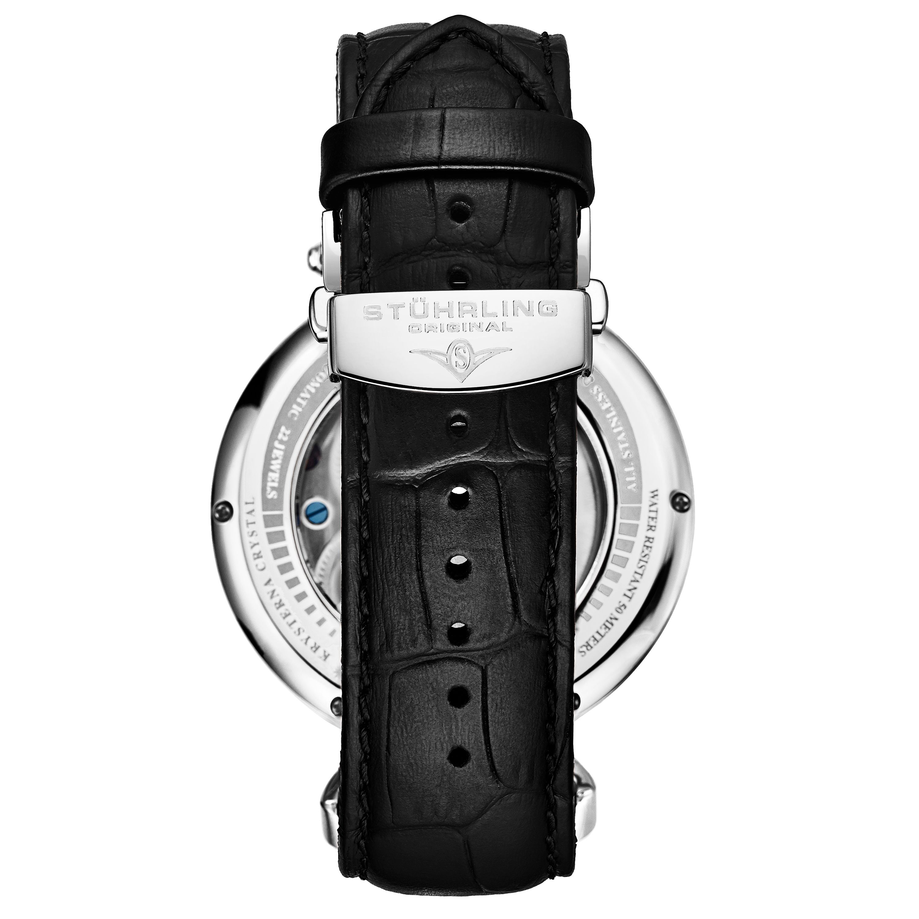Men's Automatic Dual Time; SS Silver Case; Silver And Black Skeleton Dial; Silver Hands; Black Alligator Embossed Leather Strap Watch