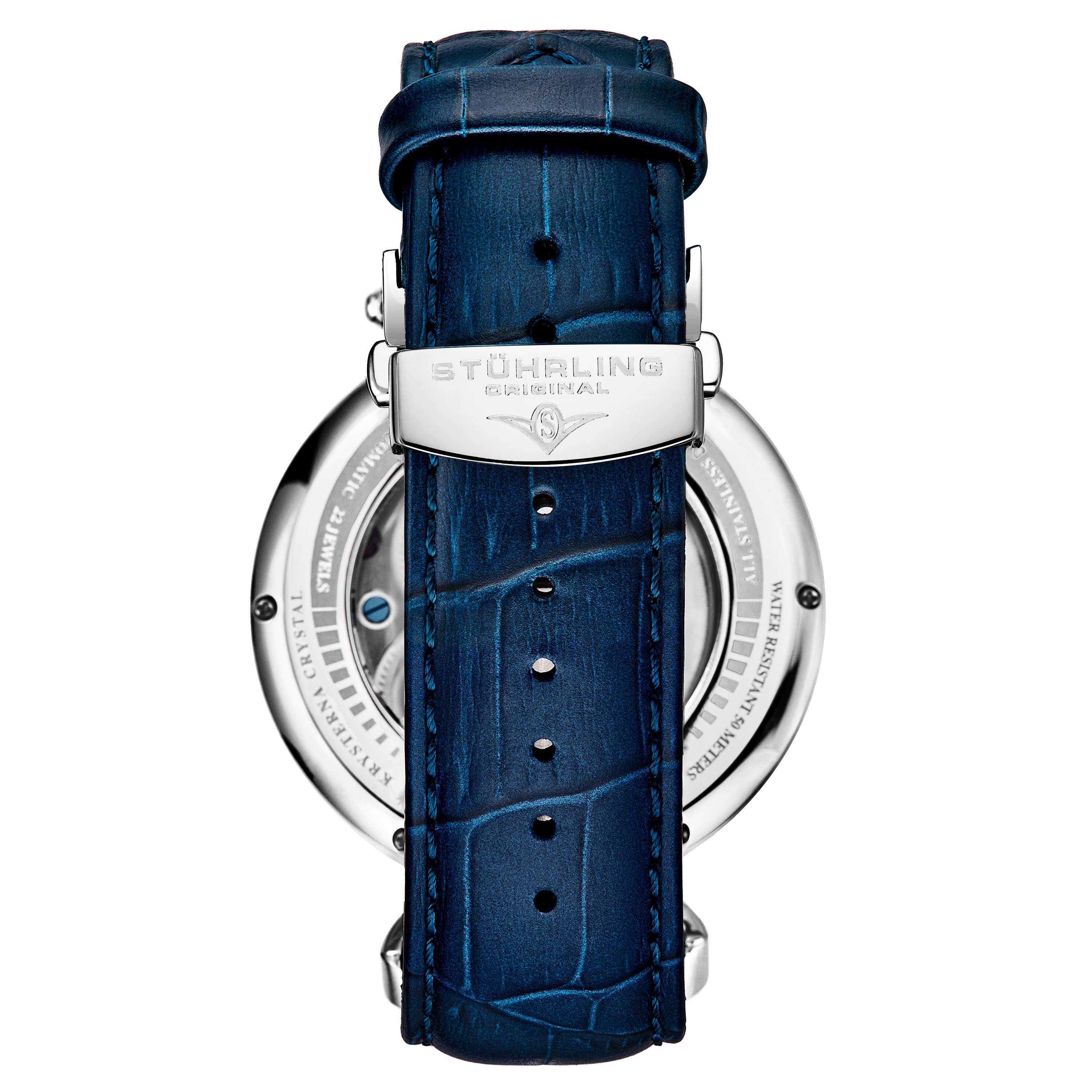 Men's Automatic Dual Time; SS Silver Case; Silver And Blue Skeleton Dial; Blue Leather Strap