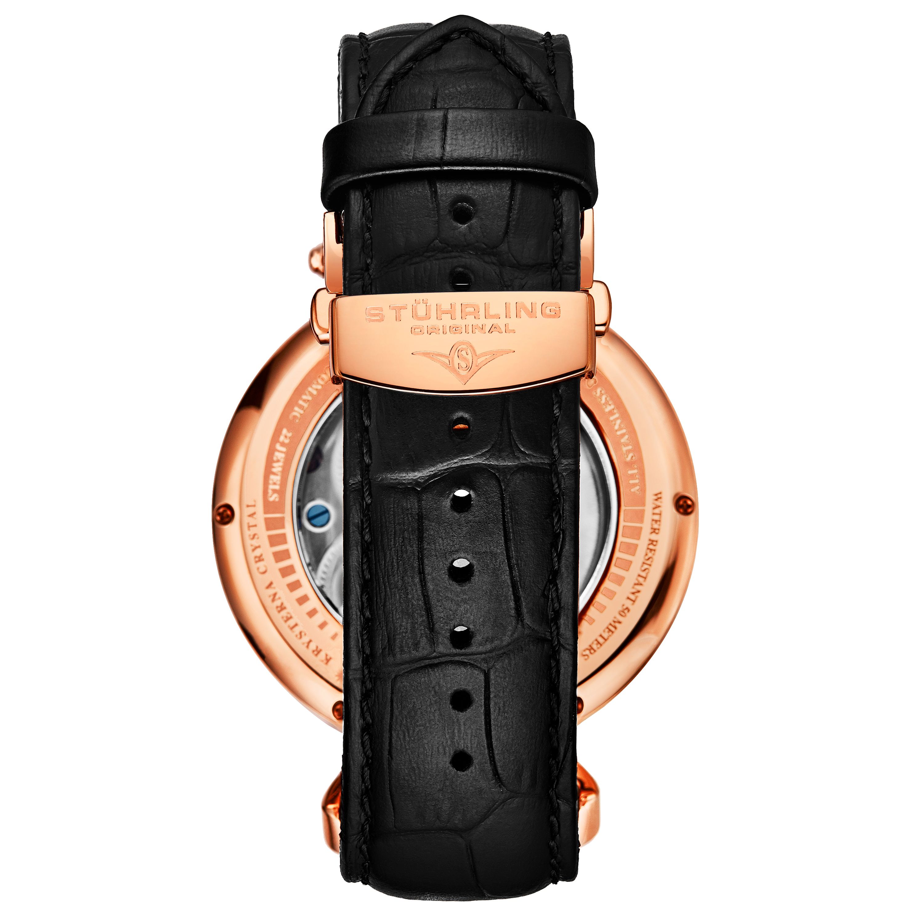 Men's Automatic Dual Time; SS Rose Gold Colored Case; Silver And Blue skeleton Dial; Black Leather Strap