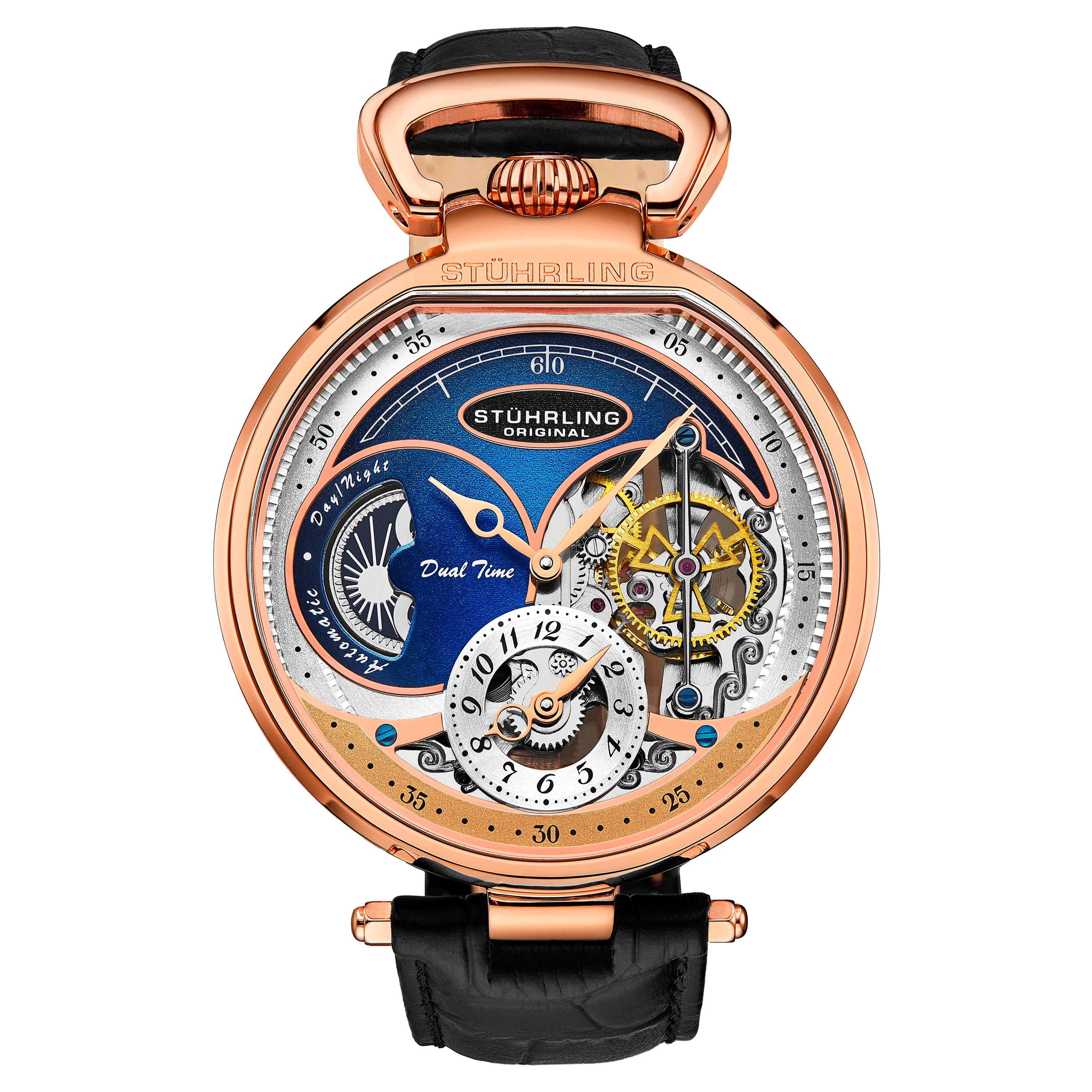 Men's Automatic Dual Time; SS Rose Gold Colored Case; Silver And Blue skeleton Dial; Black Leather Strap