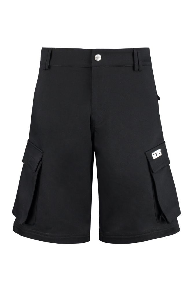Cotton Cargo Shorts by GCDS, adjustable drawstring waist, two side pockets with contrasting printed logo, belt loops, two back purse pockets.