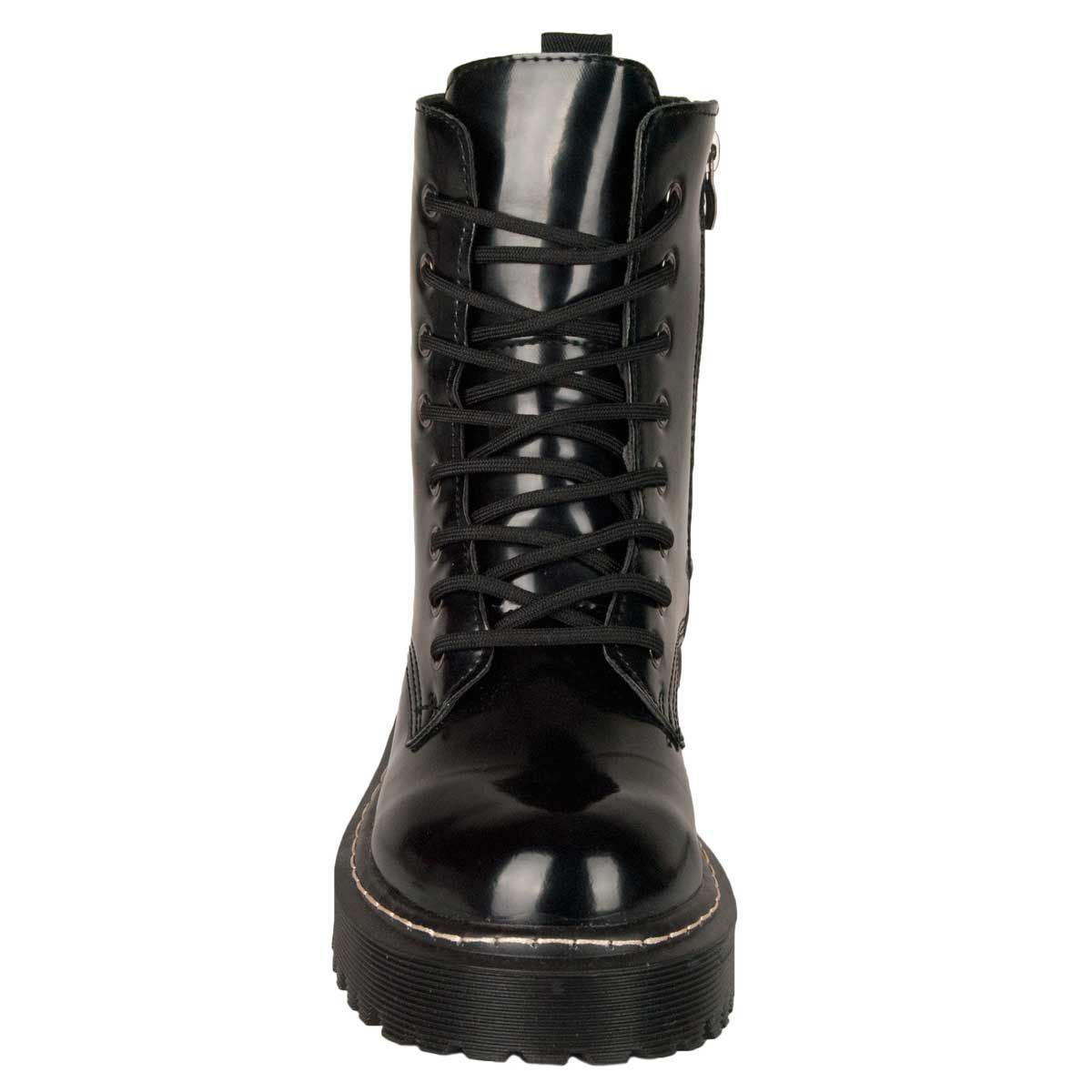Modern military-style boot for women, with platform. Highlights their fine thread cords with metallic eyelets, it also has a side zipper, to facilitate footwear. Previous buttock and doubly sewn, which provides the boot greater consistency and firmness. Exterior imitation material to patent, very easy to clean. Interior and textile plant. Stitched floor. Platform and anti-slip rubber sole, with tacos. If you like punk style, this is your perfect boot.