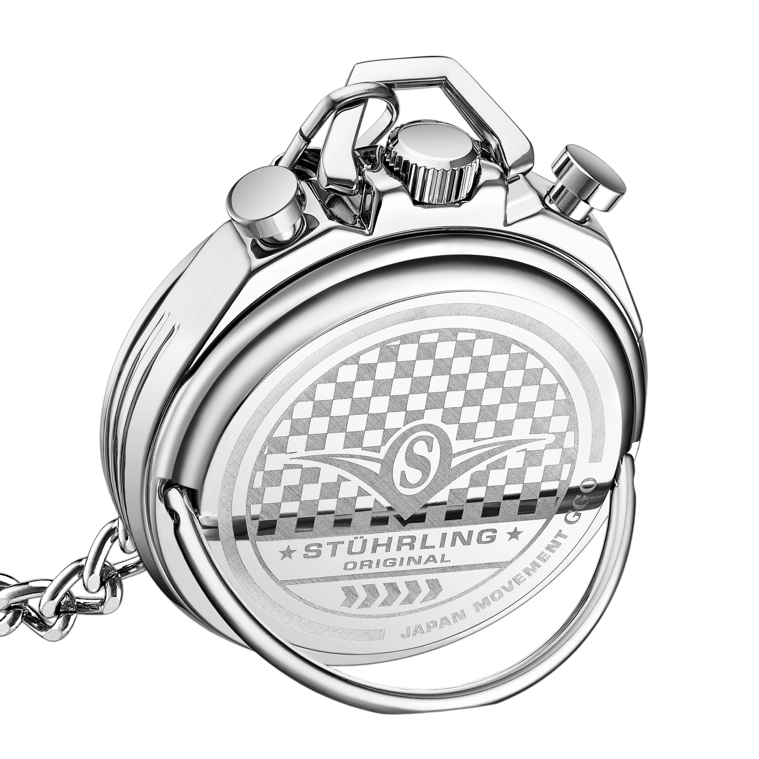 Men's Chrono Pocket Watch with stand, Silver Case, Silver Bezel, Blue Dial With Red Accents, Silver Luminous Hands And Markers