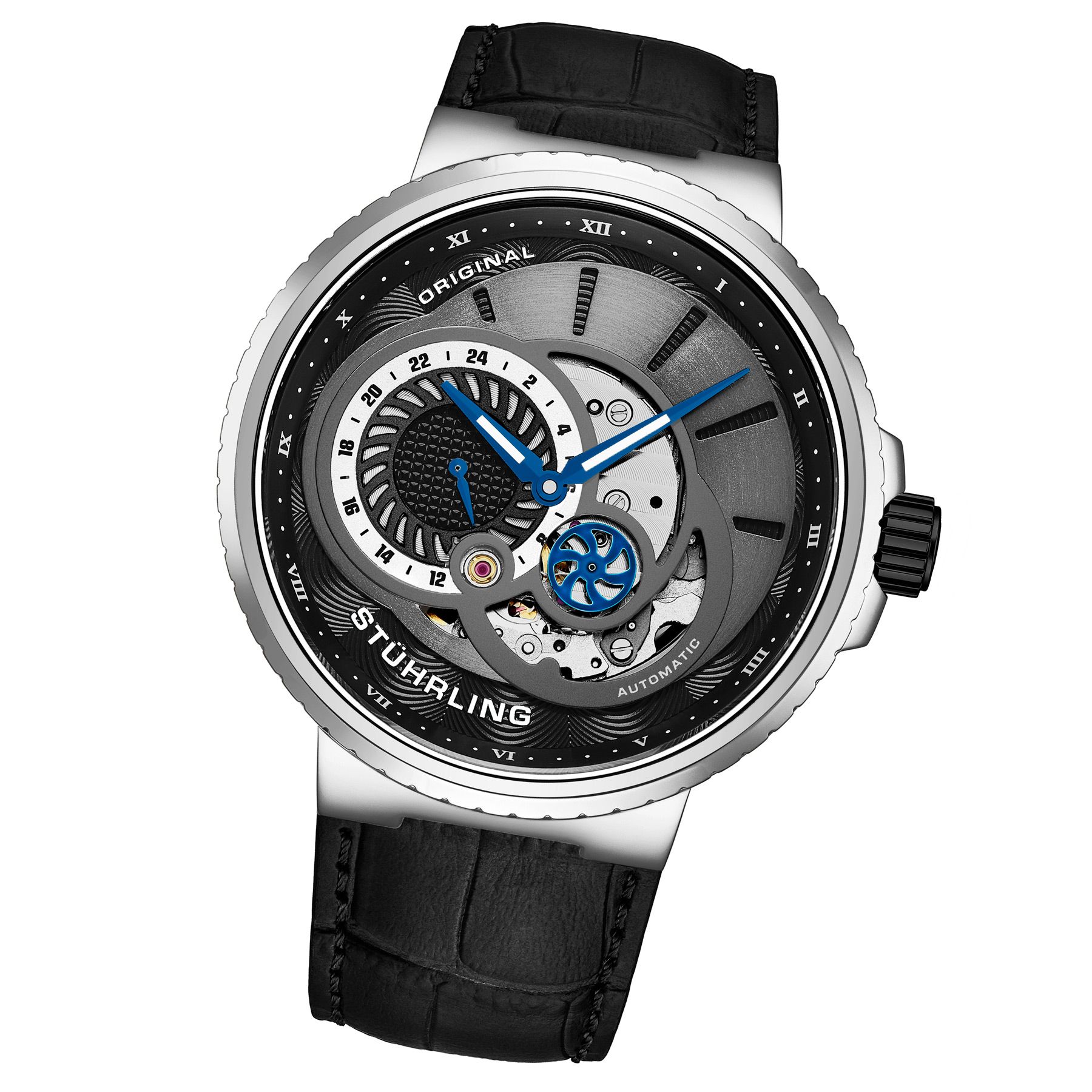 Men's Automatic SS Case, Silver Bezel, Grey and Black Dial, Blue Hands, White Markers, Black Alligator Embossed Genuine Leather Strap Watch