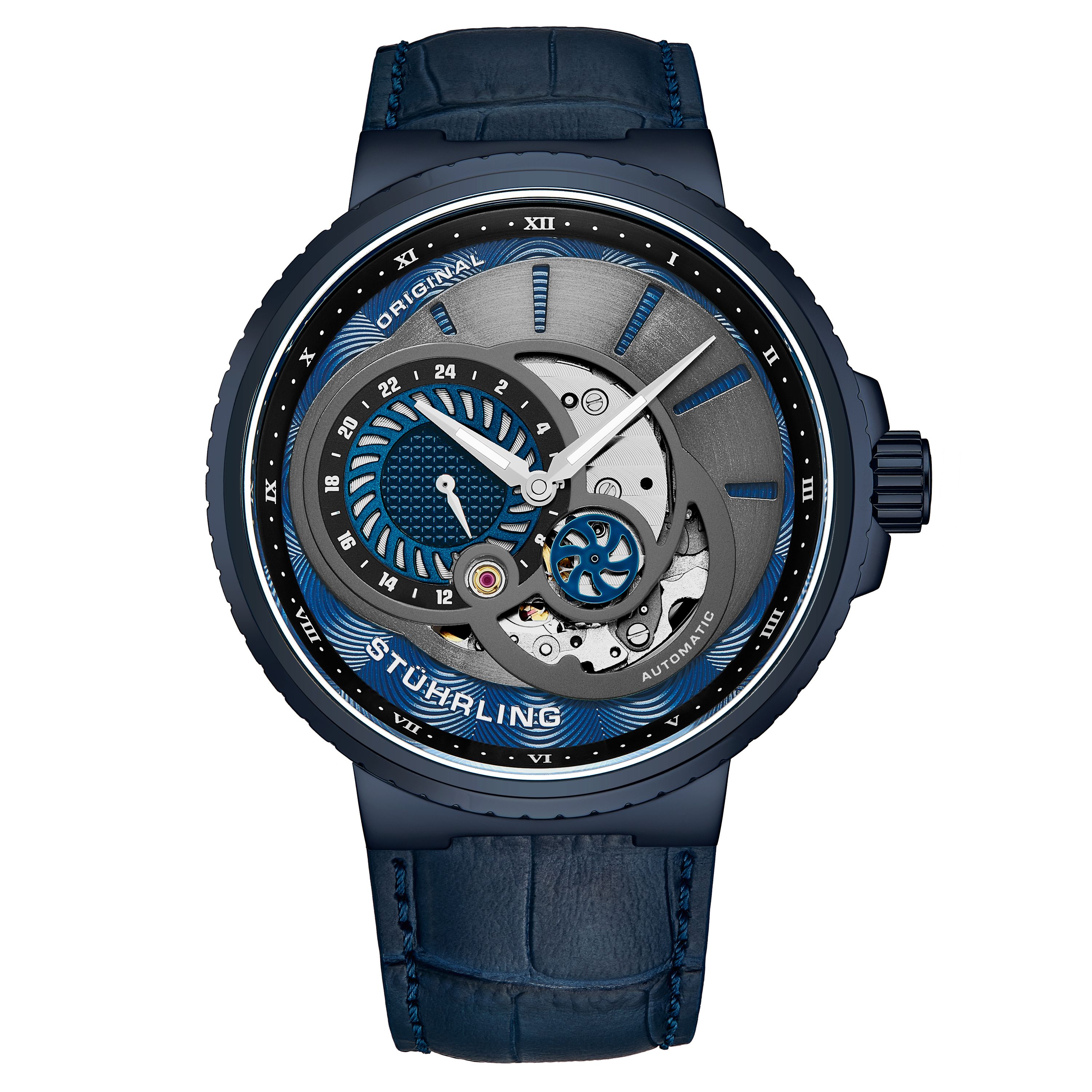 Men's Automatic SS Blue Case, Blue Bezel, Grey and Blue Dial, Silver Hands, White Markers, Blue Alligator Embossed Genuine Leather Strap Watch
