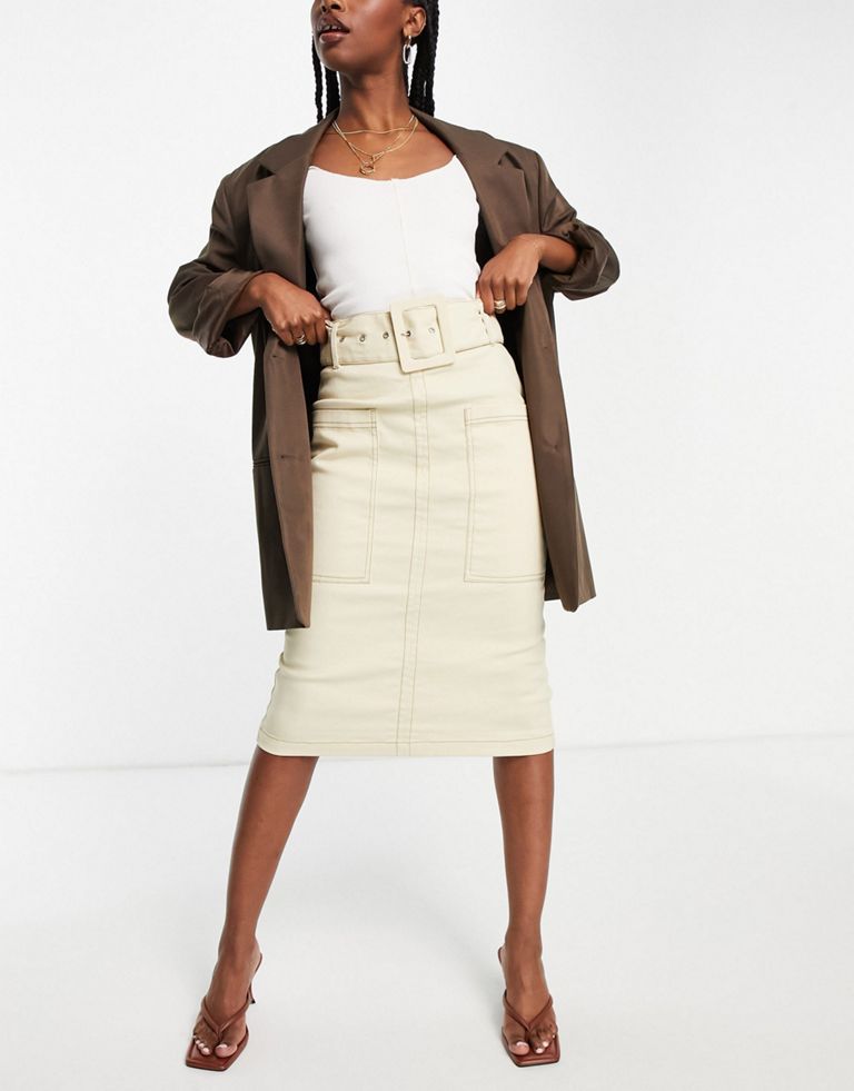 Midi skirt by ASOS DESIGN Treat your lower half High rise Belted waist Two pockets Kick split Skinny fit Sold by Asos