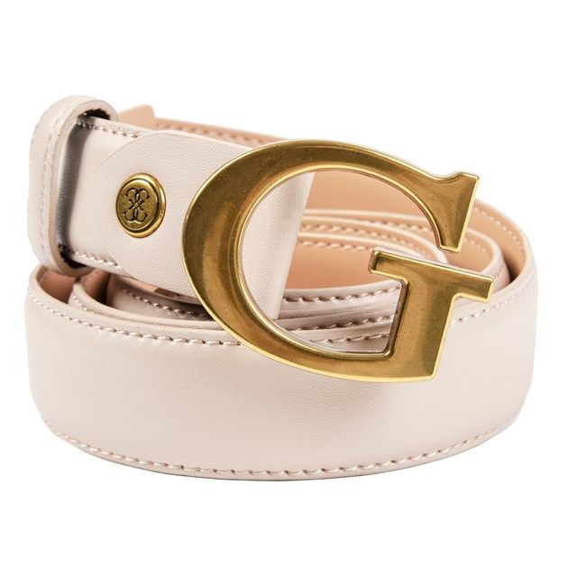 Womens natural Guess logo belt, manufactured with polyurethane. Featuring: gold hardware, guess branding, belt width 3cm, small = 85cm and medium = 90cm.