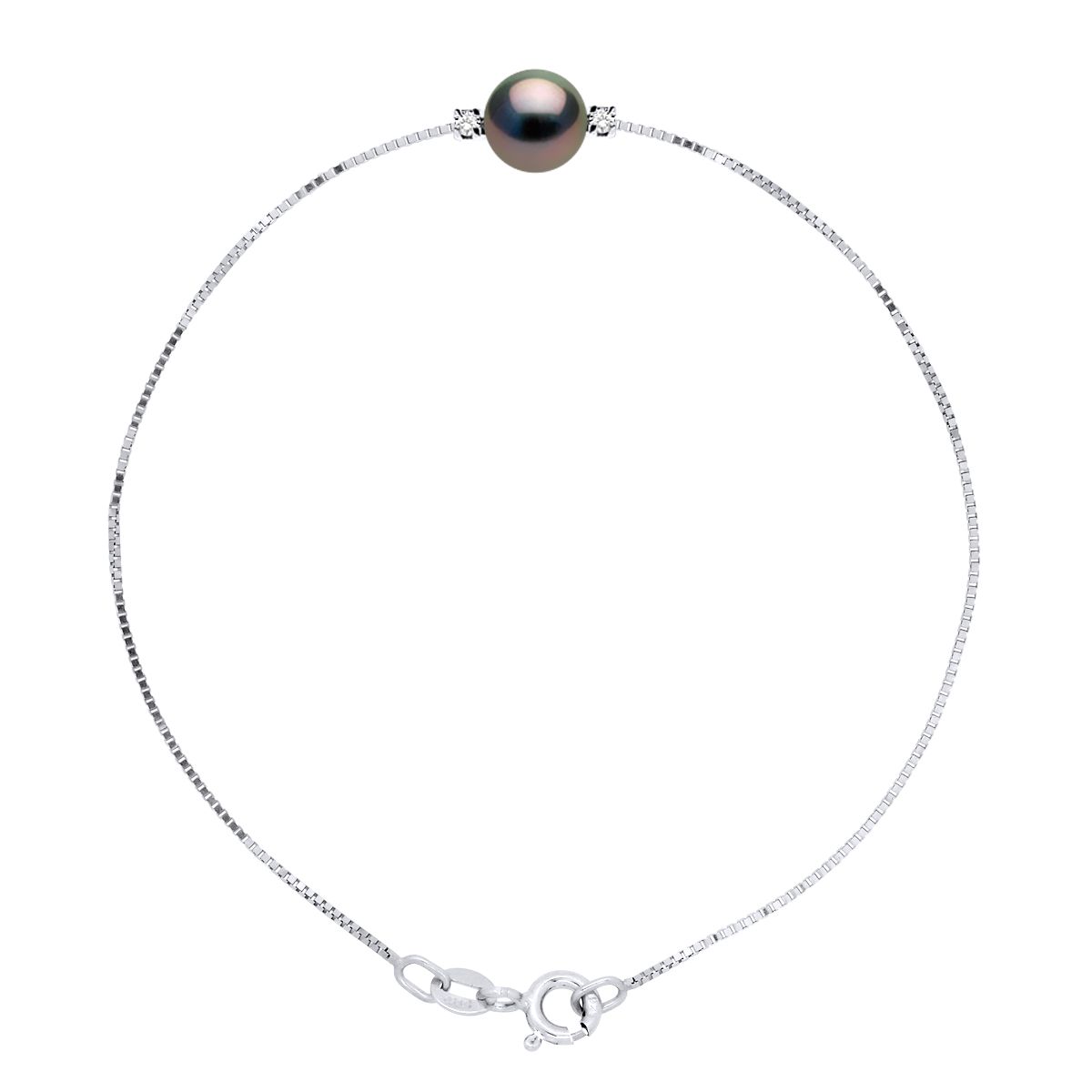 Bracelet Venetian Style chain Sterling Silver 925 Rhodium-plated set with True Cultured Tahitian Pearl Round 8-9 mm surrounded by 2 true Diamonds 0,03 Cts - Length 18 cm, 7 in - Our jewellery is made in France and will be delivered in a gift box accompanied by a Certificate of Authenticity and International Warranty