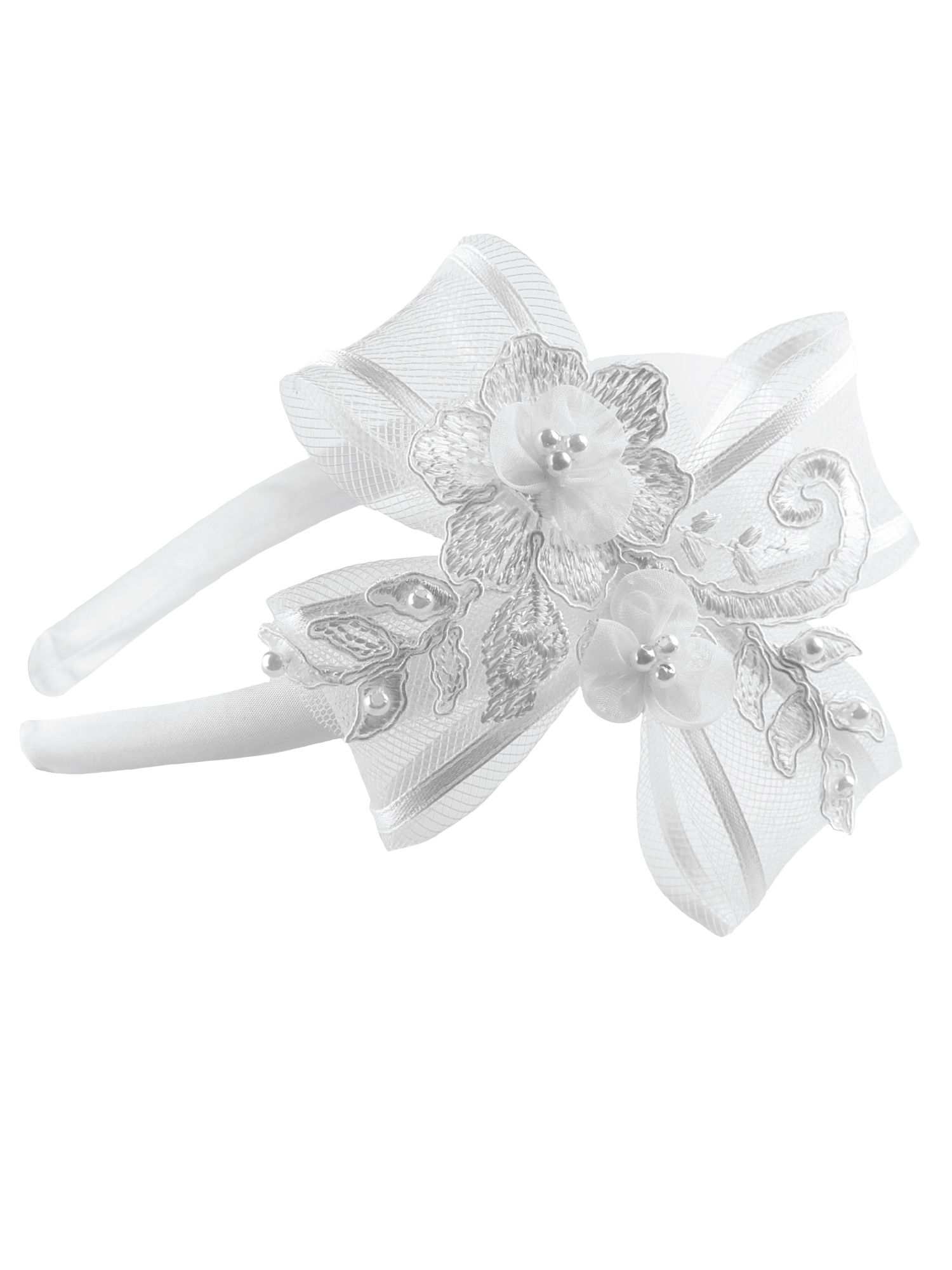 Lana Alice Band in  White. A satin covered Alice band with a 4 way bow made from milliners net and satin ribbon. Guipure lace overlay to match our dress range and topped with pearl centred small organza daisies
This headband compliments all of our Heritage baby girls christening dresses.