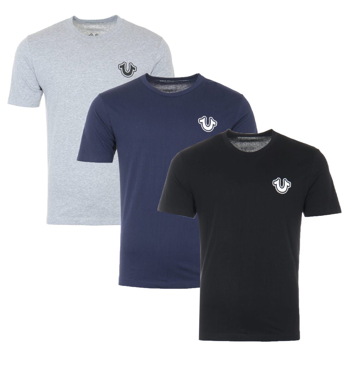 True Religion 3 Pack Core Logo Crew Neck T-Shirts - Black, Navy & Grey
