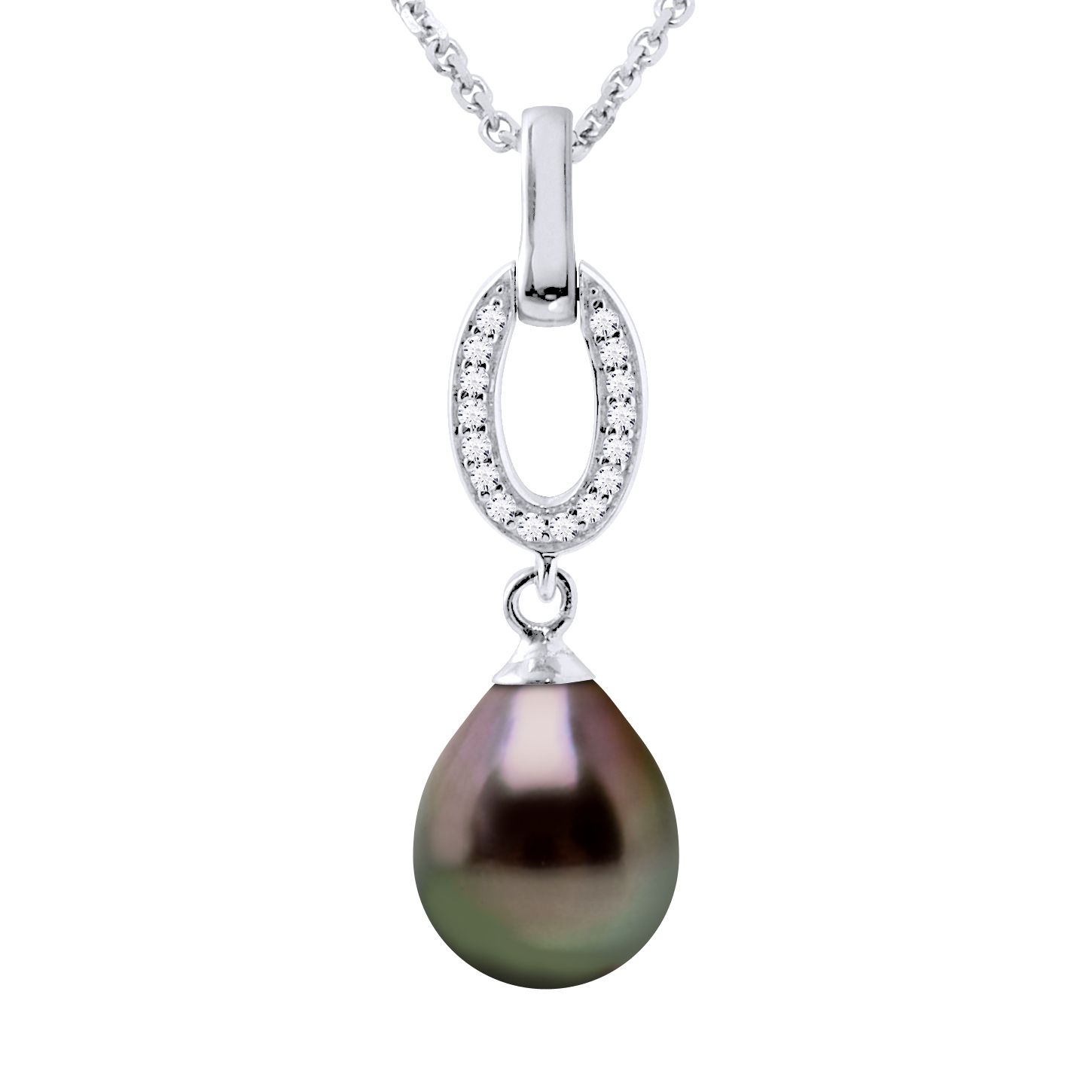 Necklace made with Cultured Tahitian Pearl Pear Shape 8-9 mm , 0,31 in - set with zirconium oxide and chain mesh 925 Sterling Silver Rhodium-plated Length 42 cm , 16,5 in - Our jewellery is made in France and will be delivered in a gift box accompanied by a Certificate of Authenticity and International Warranty