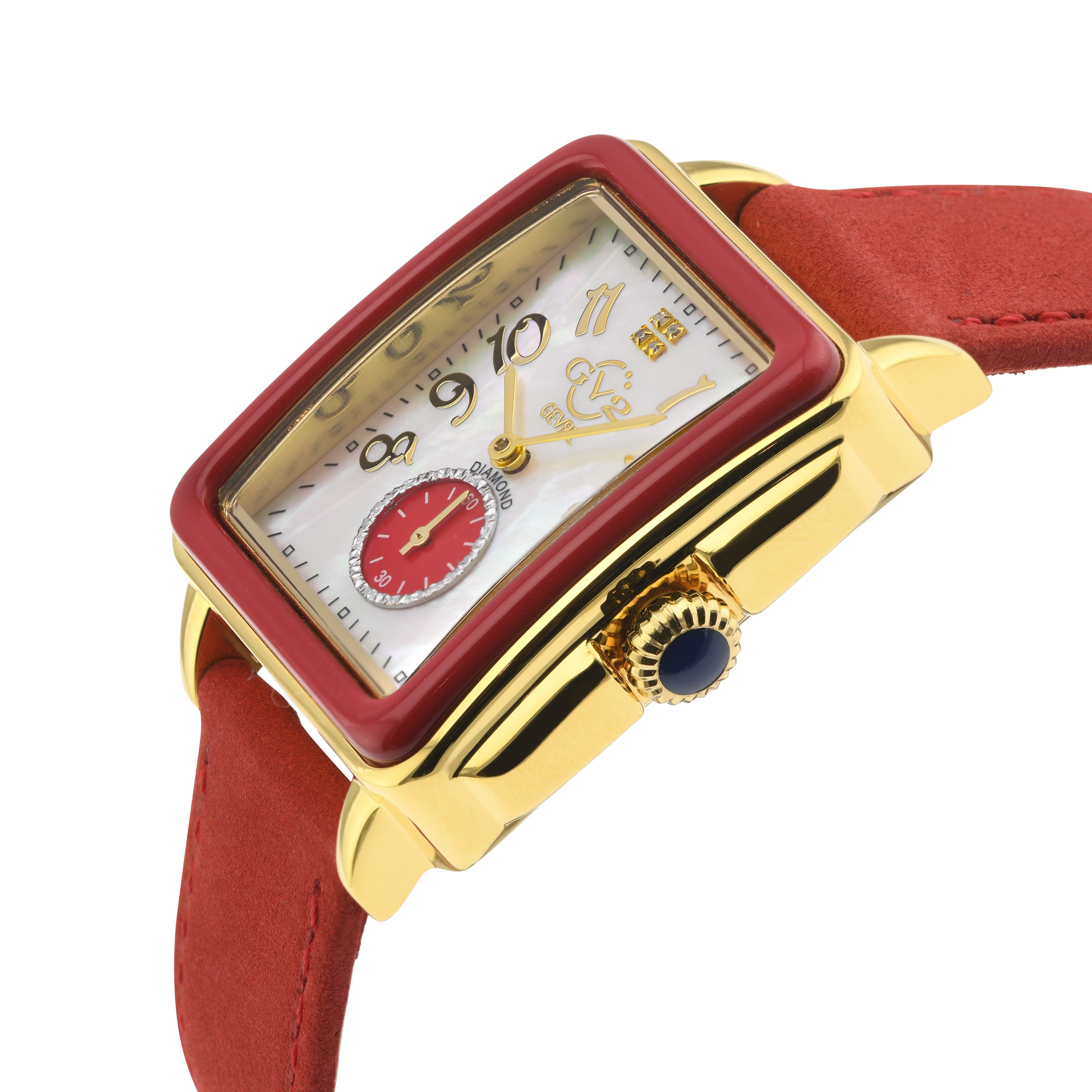 GV2 9261 Bari Enamel Swiss Quartz Diamond Watch
GV2 Women's Swiss Watch from the Bari Collection
37 mm Square 316L Stainless Steel IPYG Case, Red Enamel Bezel
White MOP Dial, 4 Diamonds at 12:00, Red Diamond Cut ring at 6:00
Push Pull Fluted crown with Blue cabochon Stone
Genuine Italian Red Suede Leather Strap with Tang Buckle
Anti-reflective Sapphire Crystal
Water Resistant to 50 Meters/5ATM
Swiss Quartz Movement Ronda 1069
