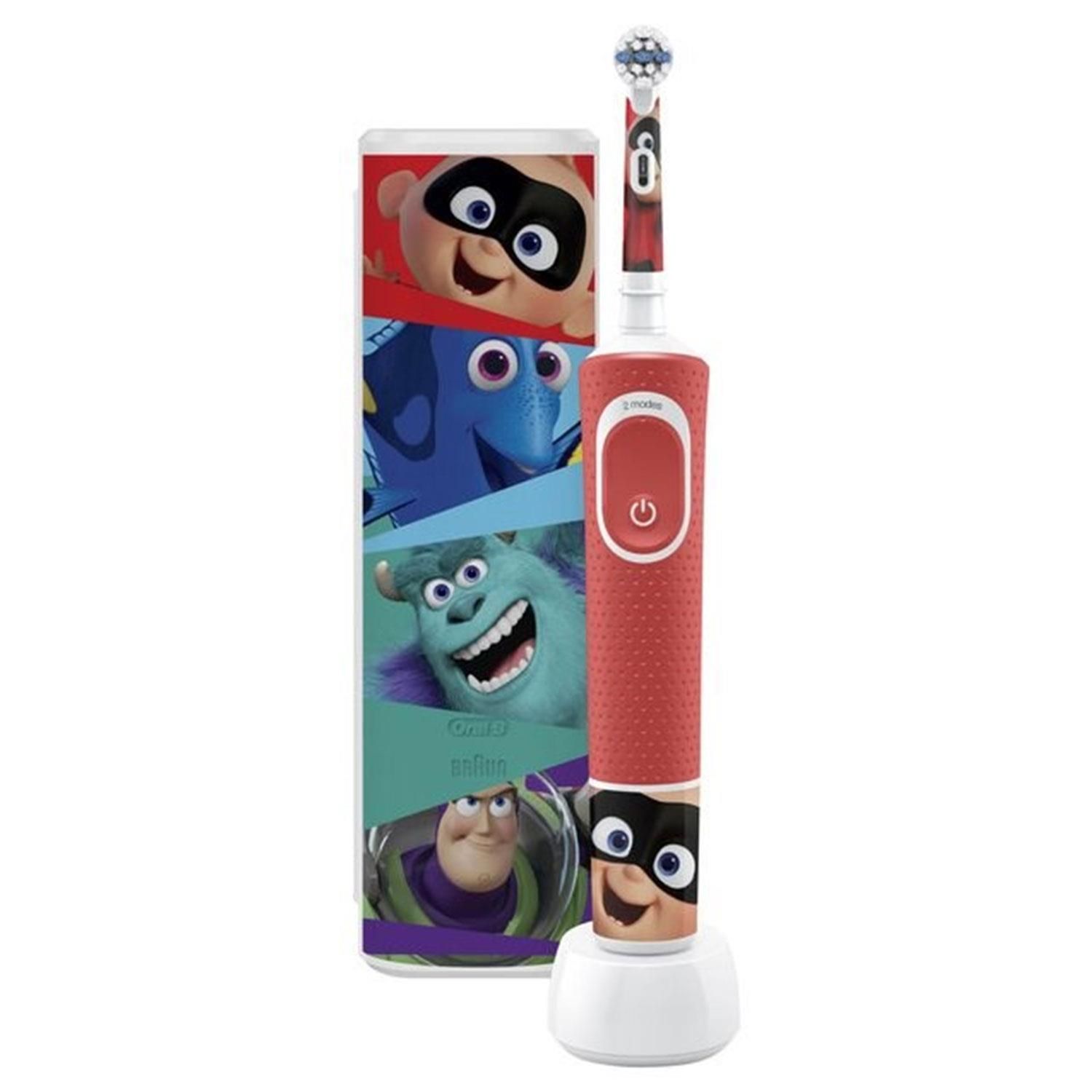 Oral-B Kids 3+ Pixar Electric Toothbrush Giftset with Travel Case.  The Oral-B Kids electric toothbrush for ages 3+ entertains children with Disney Pixar characters stickers while offering gentle and effective cleaning with a toothbrush recommended by Oral-B dentists. With a unique function for brushing sensitive children's teeth, this toothbrush gently cleanses children's teeth. Removes more plaque than a simple manual toothbrush. Includes four stickers from Disney Pixar characters to decorate the handle.

Features: 
 
   Specially designed to be soft with baby teeth
   Round toothbrush head with an ideal size for small mouths Extremely soft fibres that are soft on the gums
   Suitable for ages 3+
   Decorate the brush handle with 4 stickers from Disney Pixar characters
   Works with Oral-B Disney Magic Timer app
   Rechargeable battery for charging that lasts 8 days
   Encourages brushing for 2 minutes with the built-in timer

The Box contains: 1x electric toothbrush, 4x sticker for the body of the brush, 1x replacement stages powerhead, 1x travel case with a motif, 1x charging station