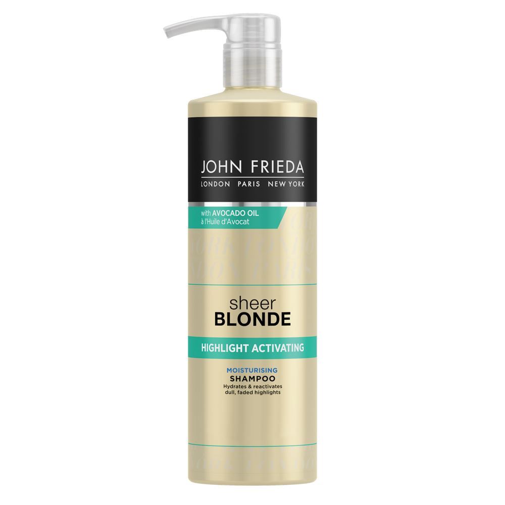 John Frieda Sheer Blonde Highlight Activating Shampoo & Conditioner New Duo Pack.  Reactivates faded highlights between salon visits for natural-looking blonde. With Avocado Oil and Vitamin C, our moisturising shampoo removes dulling build-up and hydrates to reveal highlights that look vibrant and energised with new life, whilst our moisturising conditioner nourishes and enhances hair's shine. Non-colour depositing. Safe for use on natural or colour-treated hair, and for use on highlights and lowlights.