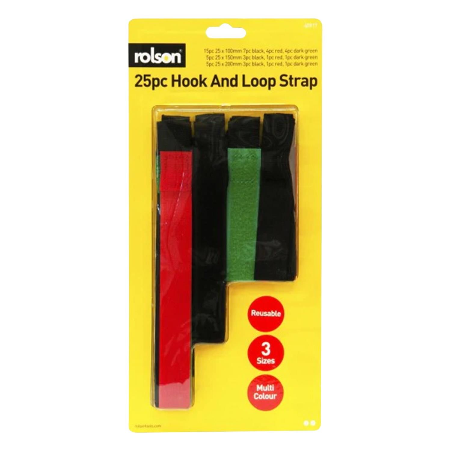 These straps feature various lengths and colors to get cable chaos under control.

Product Description :
Good for securing sports equipment while traveling, or wiring cages in your vegetable garden
Hook and loop securing straps are multipurpose and adjustable

Pack Includes :
2,5m x 10cm straps: seven black, four red, and four dark green
2,5cm x 15cm straps: three black, one red, and one dark green
2,5cm x 20cm straps: three black, one red, and one dark green