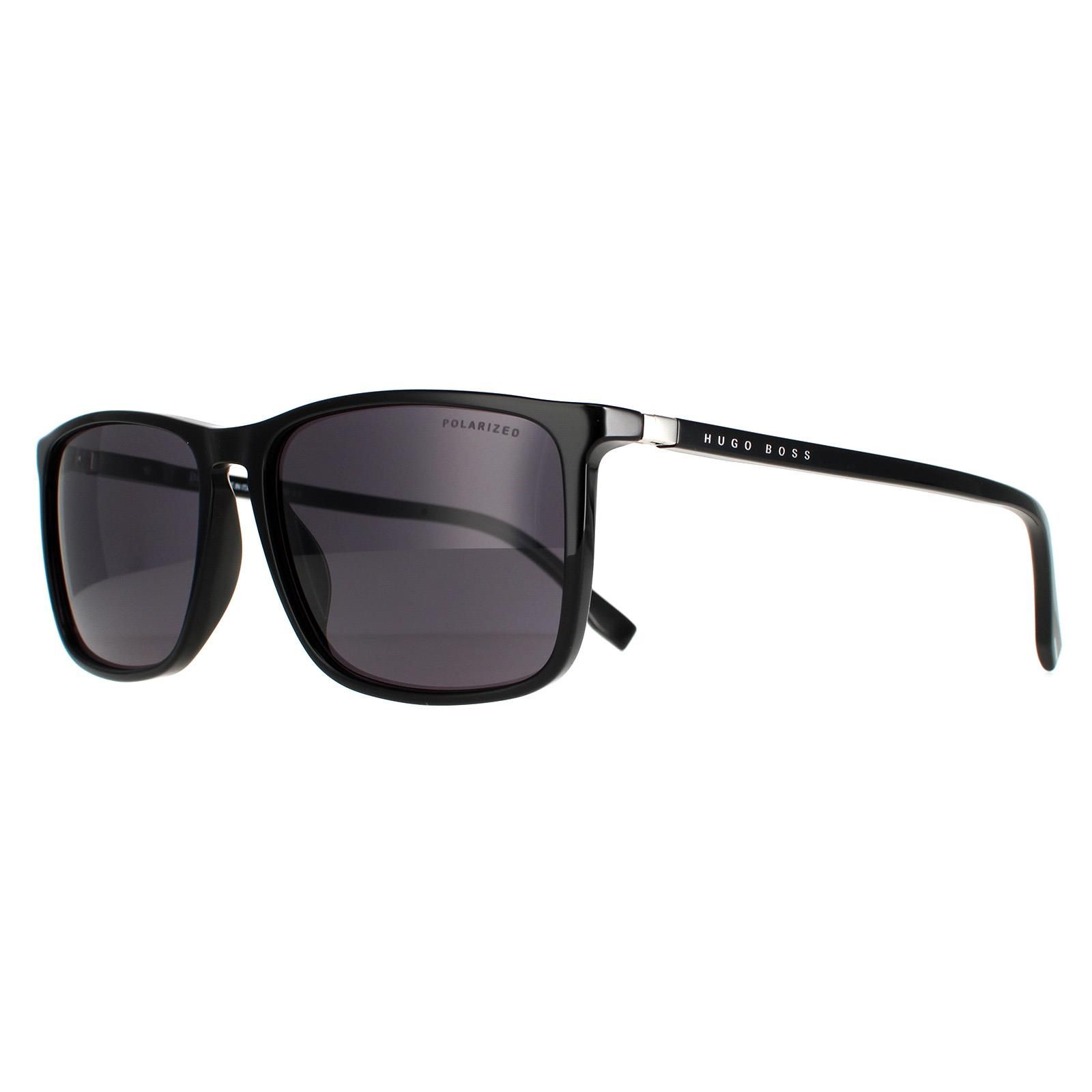 Hugo Boss Square Mens Black Grey Polarized BOSS 0665/S/IT  Hugo Boss are made in Italy and have a rectangular shape with a slim slight keyhole shape to the bridge. The temples are enhanced with a colour logo plaque on top of the resin frame which has hypoallergenic properties. An integrated hinge and core wire give durability and quality as expected from a name such as Hugo Boss.