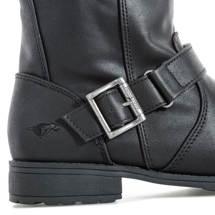 Womens Rocket Dog Berry Lewis Boots in black.<BR><BR>- Faux leather mid-calf biker boots.<BR>- Round toe.<BR>- Inner zip fastening.<BR>- Decorative buckled strap detail to sides.<BR>- Toe cap.<BR>- Comfortable textile lining.<BR>- Chunky low heel.<BR>- Treaded sole.<BR>- Embroidered Rocket Dog logo to side.<BR>- Heel height 0.8in (2cm) approximately.<BR>- Boot height 12.4in (31.5cm) approximately.<BR>- Synthetic upper  Textile lining  Synthetic sole.     <BR>- Ref: BERRYLS<BR><BR>Measurements are intended for guidance only.