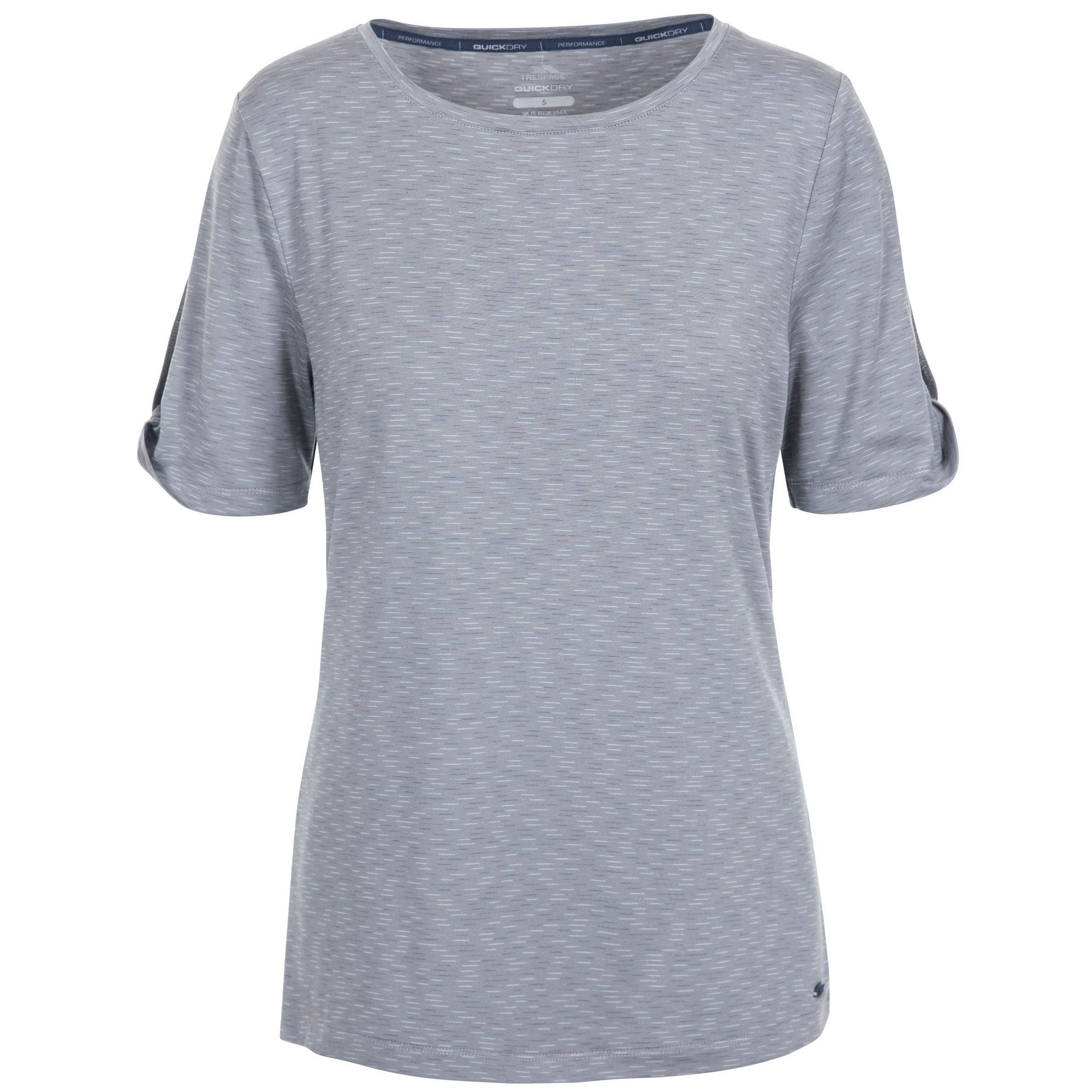 92% Polyester, 8% Spandex. Round neck top. Short sleeve with twist detail at cuff. Space dyed stripe. Quick dry. Trespass Womens Chest Sizing (approx): XS/8 - 32in/81cm, S/10 - 34in/86cm, M/12 - 36in/91.4cm, L/14 - 38in/96.5cm, XL/16 - 40in/101.5cm, XXL/18 - 42in/106.5cm.