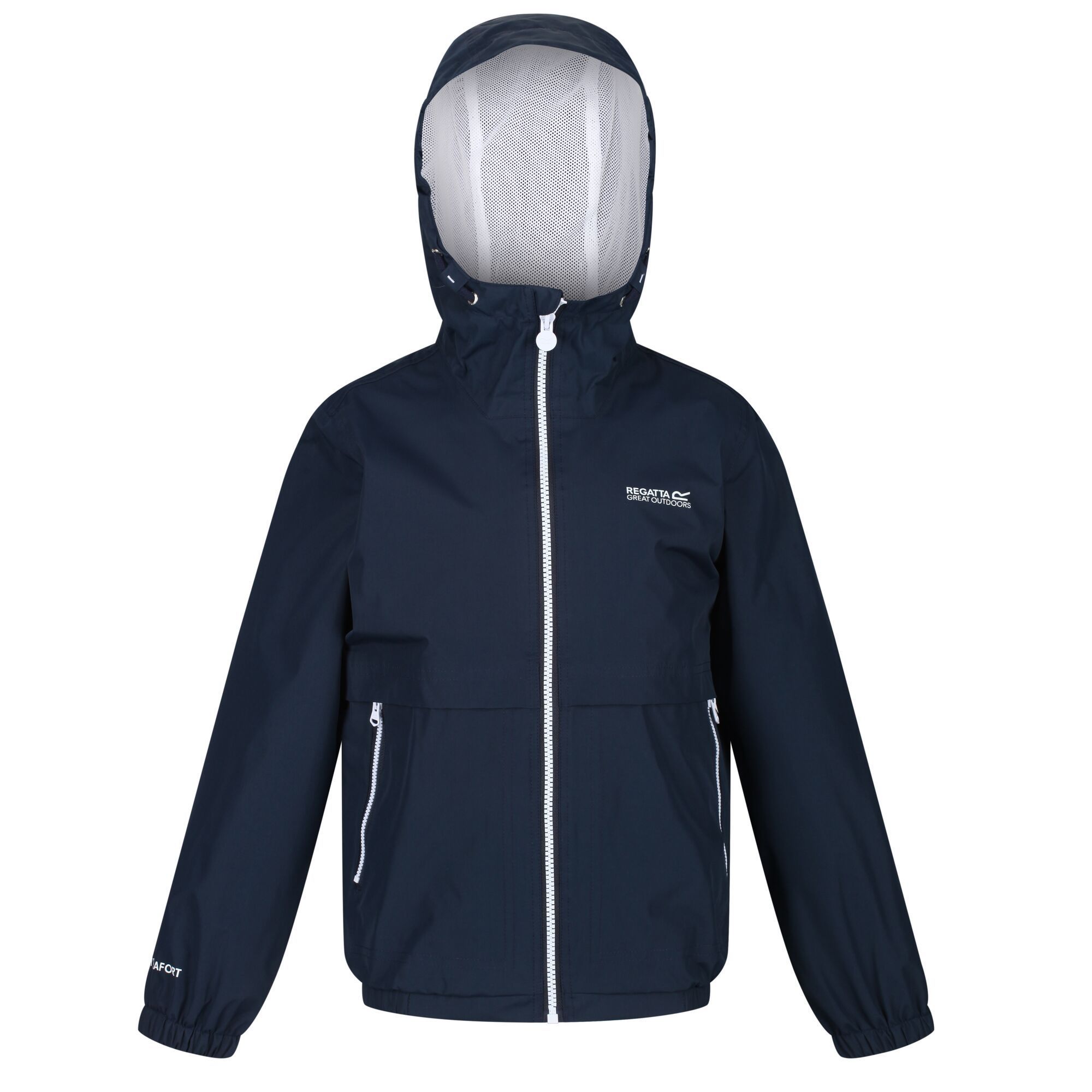 Material: 100% Polyester. Durable, water-repellent jacket with elasticated hood. Taped seams, elasticated hem and cuffs.  Part mesh, part polyester taffeta lining. 2 zipped lower pockets. Regatta outdoors logo print on the chest.