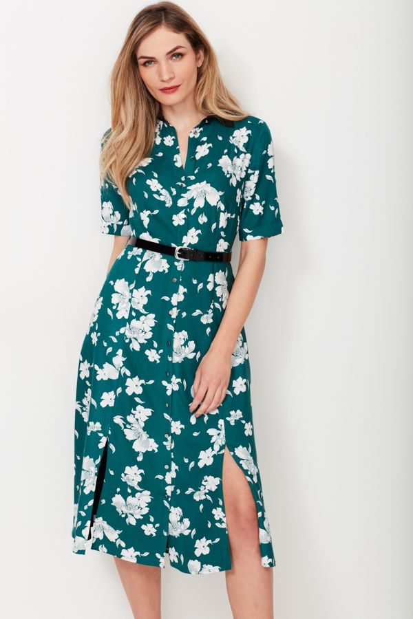 Green Floral Print Shirt Dress