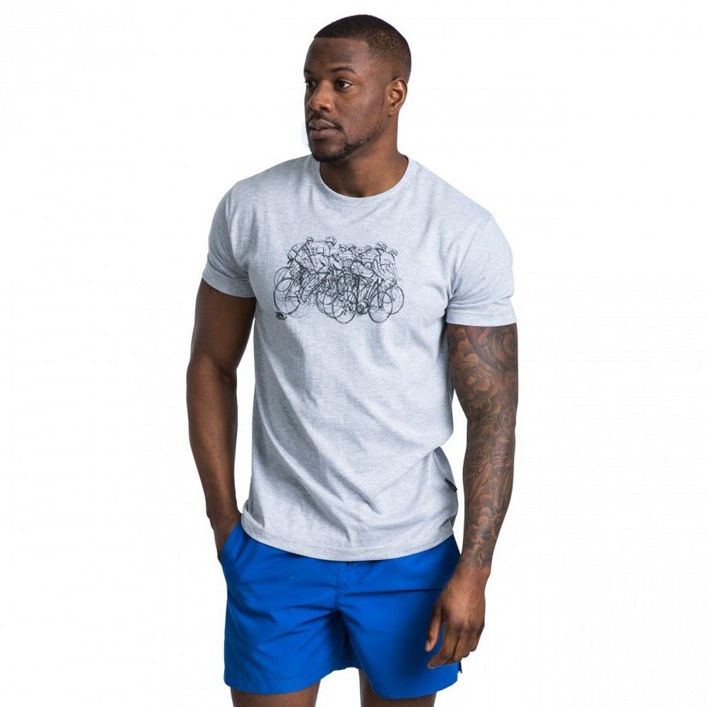 Short Sleeves. Round Neck. Print on Chest. 65% Polyester/35% Cotton. Trespass Mens Chest Sizing (approx): S - 35-37in/89-94cm, M - 38-40in/96.5-101.5cm, L - 41-43in/104-109cm, XL - 44-46in/111.5-117cm, XXL - 46-48in/117-122cm, 3XL - 48-50in/122-127cm.