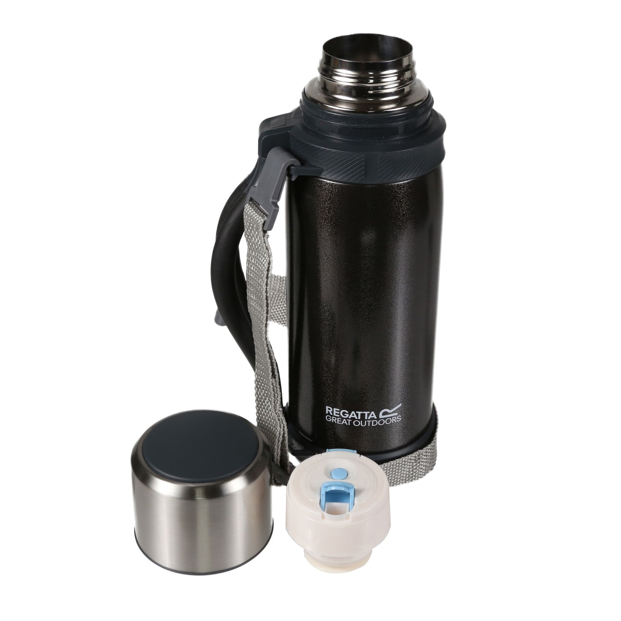 Material: Stainless steel and polypropylene. Drinks flask. Double walled for excellent heat retention. Push button release for easy pouring. Leak-proof lid, can be used as a cup. Ergonomic folding handle. Capacity: 1.2 litres.
