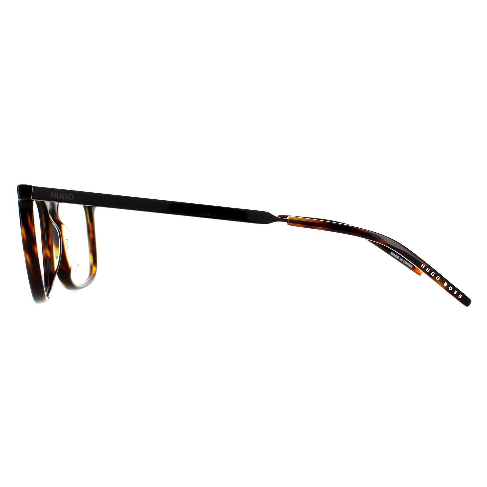 Hugo by Hugo Boss Square Mens Havana Glasses Frames HG 1018 are a simple square style crafted from lightweight acetate. Slim temples are engraved with the Hugo Boss logo for authenticity.