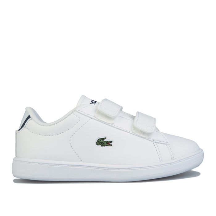 Infant Boys Lacoste Carnaby Evo Trainers in white navy.- Leather and synthetic uppers.- Lace up fastening.- Comfortable textile lining.- Signature green crocodile branding.- Sport-inspired mesh linings and outsole tread.- Rubber outsole.- Leather upper  Textile lining  Synthetic sole. - Ref: 740SPI1003042