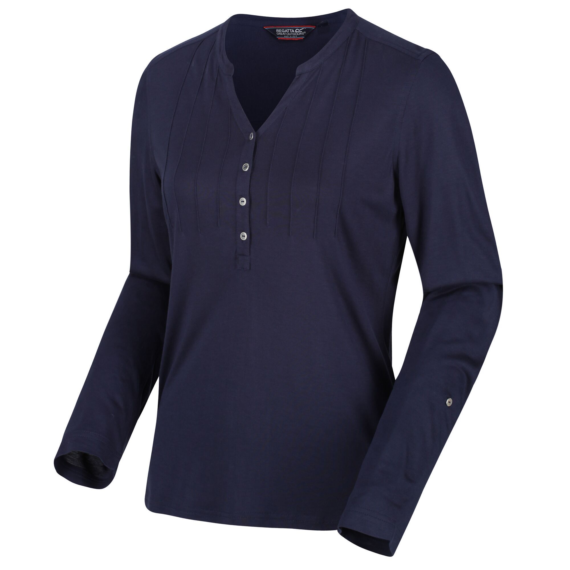 Material: 100% Viscose jersey fabric. 4 button narrow placket with high shine metal buttons. Roll up sleeves with button tab.