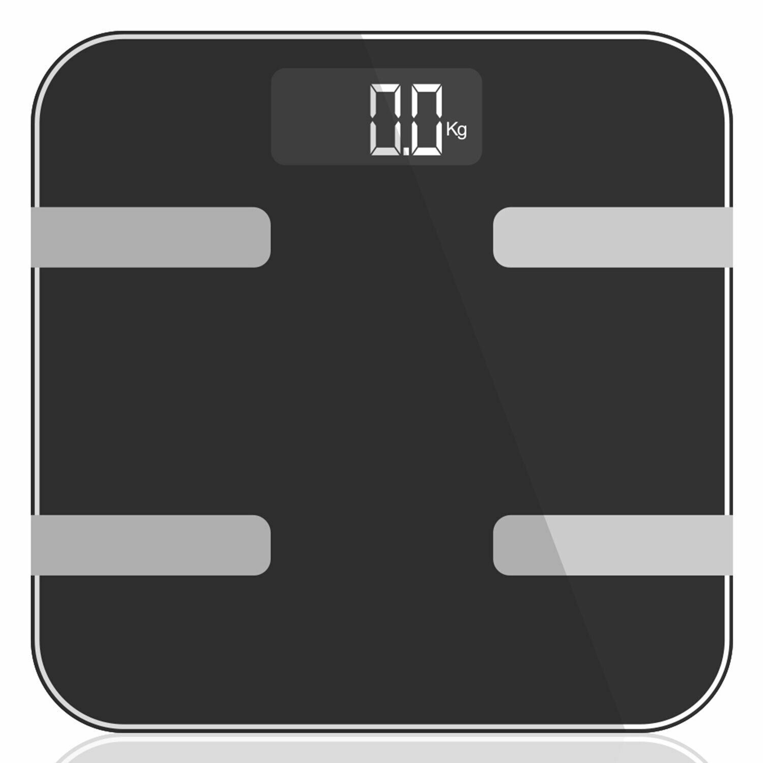 MEASURING FUNCTIONS : Tracking your progress is imperative to health goals, whether your goal is to lose weight or gain weight or just maintain a healthy lifestyle. The Smart Weigh body fat analyser helps users do just that. 9 in 1 Smart Body Analysis Weighing Scale gives readings of Body Weight, Body Fat, Body Water, Muscle Mass, Bone Mass, BMI (Body Mass Index), BMR (Body Metabolic Rate), Body Age and Visceral Fat. STEP ON TECHNOLOGY : Made with advanced step-on technology, this 9 in 1 Smart Body Analysis Weighing Scale gives weight readings immediately with no tapping necessary. The weighing scale also includes automatic shut off to conserve energy and unit button to switch between weighing modes. MODERN DESIGN : Digital scale has a sleek, durable tempered glass base with designed platform. The scale has a capacity of 396lbs / 180kgs. The large negative LCD display shows readings with large visible numbers. Measurements can be read in three weighing modes: kilograms (kg), stones (st) and pounds (lb). AUTO RECOGNITION : With Auto Recognition Technology, the scale can simply be programmed to automatically recognise 8 people. The eight user recognition feature uses four contact sensors to instantly identify each individual user's profile, including height, age, and sex. Now staying healthy can be a team effort. COMPATIBLE DEVICES : iOS devices - iPhone 4S and higher, iPad 3, iPad Mini or higher. Android devices - Android 4.3 or higher with Bluetooth 4.0 or a higher version. Features : Smart Weigh body fat analyser. Automatic shut-off to conserve energy. Unit button to switch between weighing modes. A large negative LCD display shows readings with large visible numbers High precision strain gauge sensor 6mm tempered safety glass platform Automatic on/off Low battery/overload indication Technical Specifications : LCD Display Size : 73x29 mm with blue backlight Weight Capacity : 180kg/396lb D= 0.1kg/0.2lb Measure : Weight, Fat, Water, Muscle, Bone, BMI, Calorie, Visceral & Body age Power : 2x1.5V AAA batteries(not included)