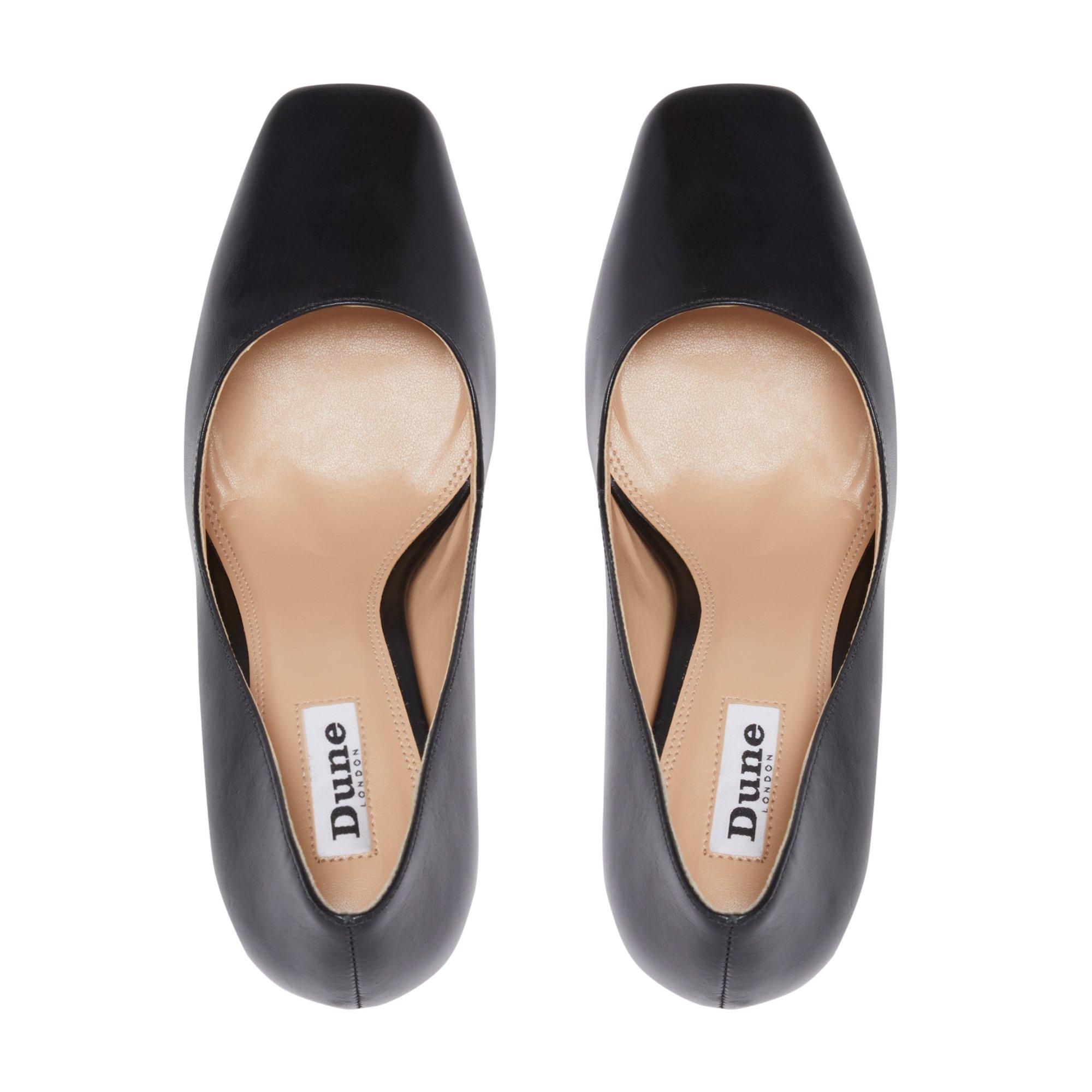 Meet Dune London's classic court with a twist. They're presented with a slender mid-heel stiletto and a square toe. Complete with a polished finish for a simple sharp, look.