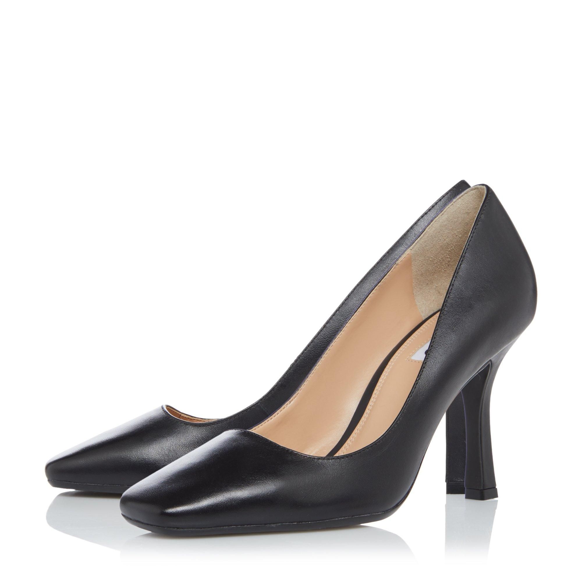 Meet Dune London's classic court with a twist. They're presented with a slender mid-heel stiletto and a square toe. Complete with a polished finish for a simple sharp, look.