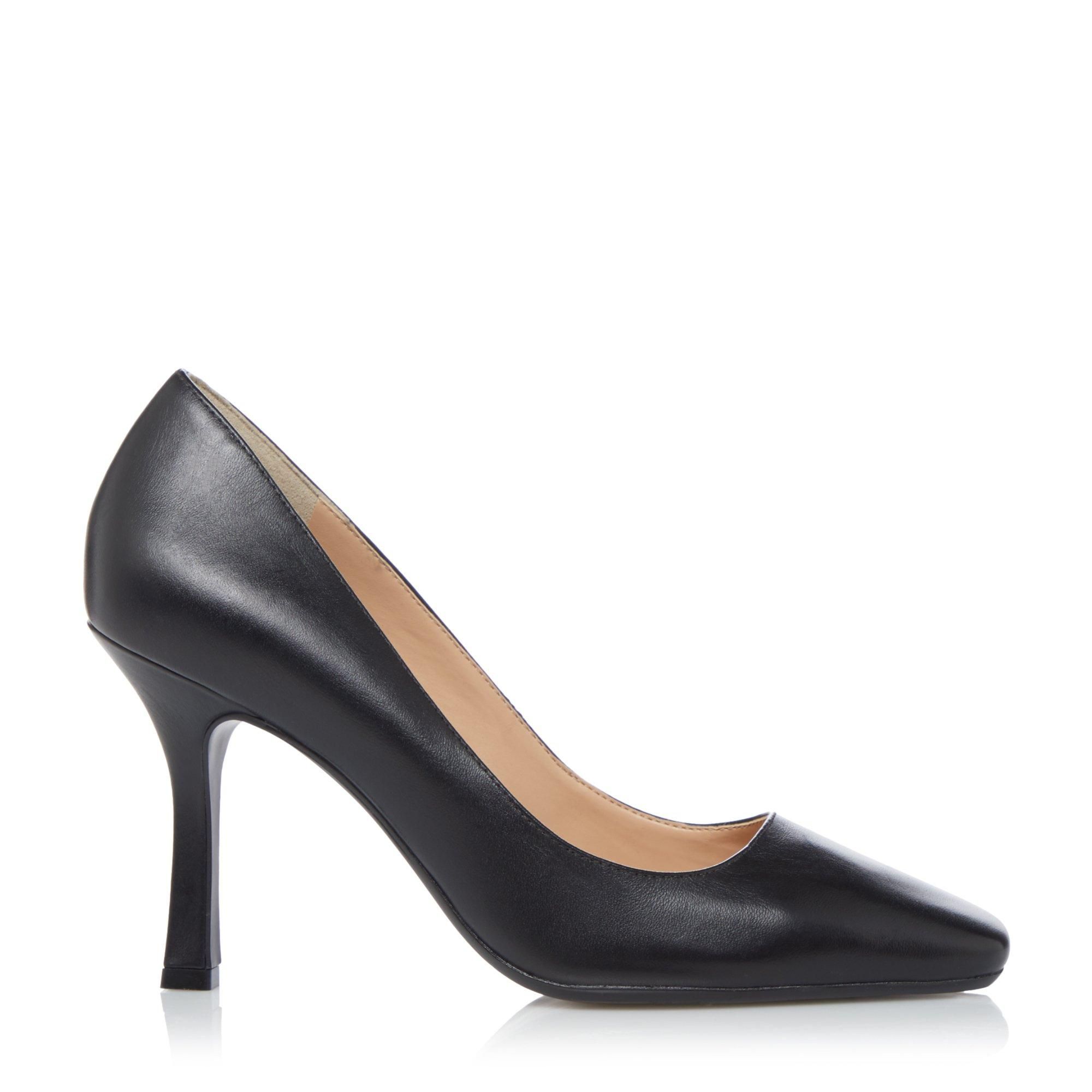 Meet Dune London's classic court with a twist. They're presented with a slender mid-heel stiletto and a square toe. Complete with a polished finish for a simple sharp, look.