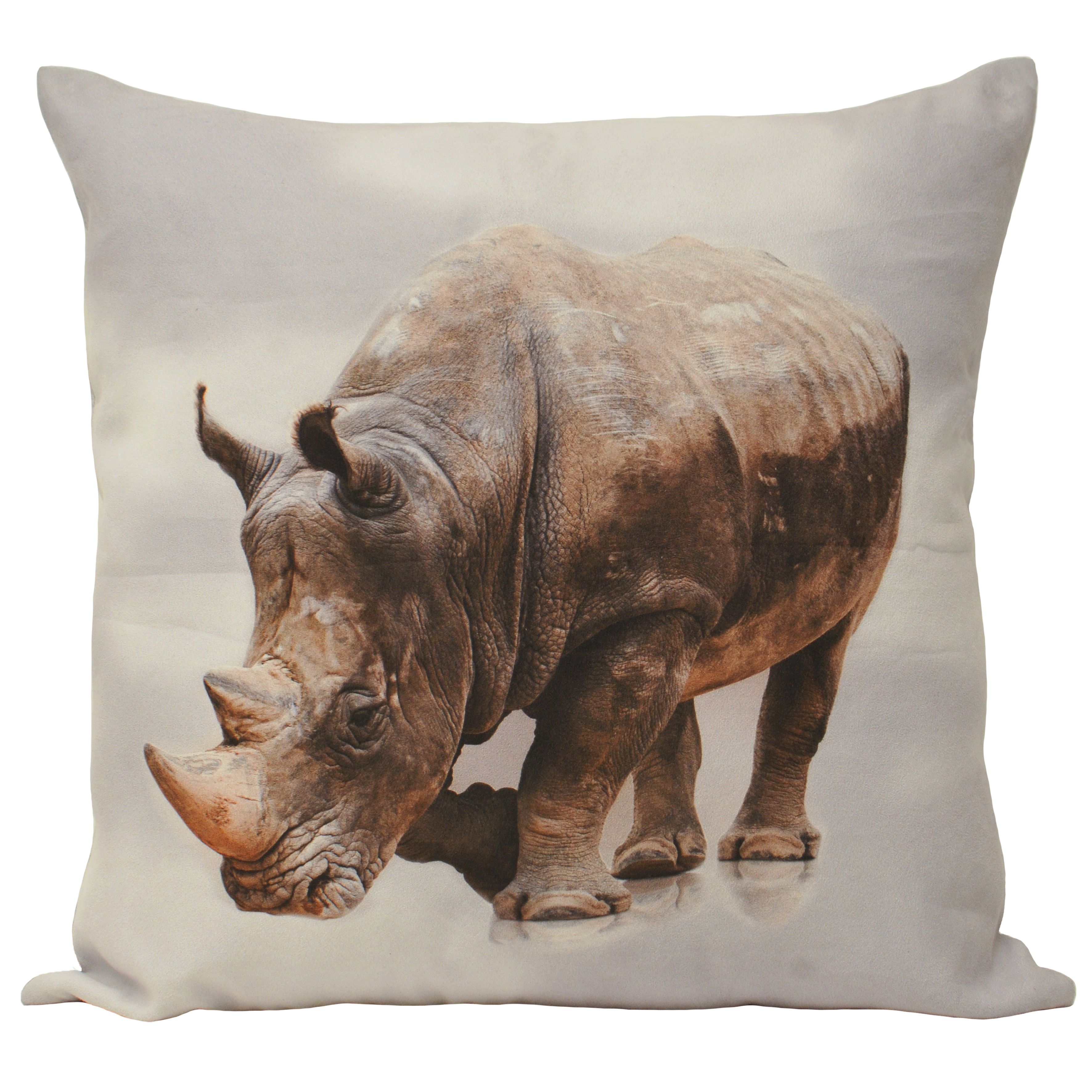 Show your wild side with the Paoletti Rhino Animal Polyester Filled Cushion. Featuring a realistic print of a powerful black rhinoceros it will be a definite talking point. This soft Polyester Filled Cushion is made of faux suede fabric giving it that notable leather-like feel with no harm to any animals in the process. With a hidden zip closure nothing will take away from this cushions unique design. Created with 100% hard-wearing polyester this will be a cushion you'll love for years to come. Unlike most faux suede this Polyester Filled Cushion is fully machine washable at 40 degrees, however we do not recommend using an iron.