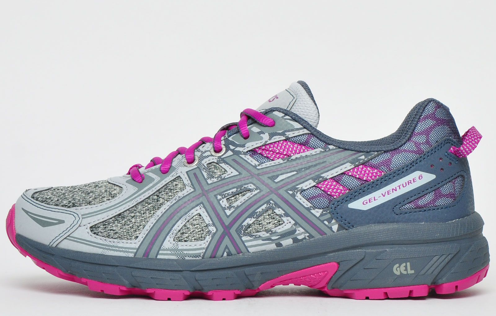 These Asics Gel Venture 6 womens all terrain running shoes will provide excellent support and traction no matter what comes your way. Featuring a practical lugged outsole that offers grip on uphill and downhill conditions. Whether you’re a beginner or professional, these all terrain running shoes are perfect for you! <p>Engineered from a fusion of textile mesh and synthetic materials, these Asics Gel Venture 6 womens all terrain running shoes features a lightweight design with maximum performance capabilities, the Asics Venture 6 is a must have on and off-road shoe that will deliver every time. </p> <p>- Textile mesh upper construction enhances ventilation </p> <p>- Durable synthetic overlays deliver additional support </p> <p>- Stitched Toe Bumper delivers extra protection against trail hazards </p> <p>- Removable Sockliner delivers a comfy fit </p> <p>- Rearfoot Gel cushioning system delivers shock resistance in every stride </p> <p>- Trustic system reduces weight whilst upkeeping the support </p> <p>- Asics Branding throughout</p>