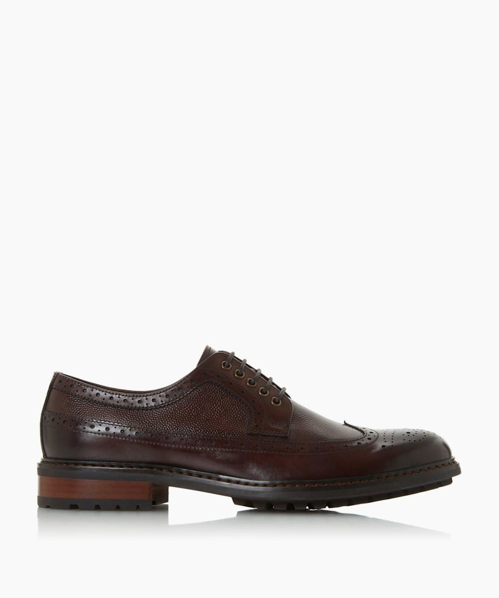 Opt for understated classic style with the Blackouts brogue from Dune. Working signature punched hole detailing and a stitched wingtip design. It's complete with a neat round toe and secured with a lace fastening.