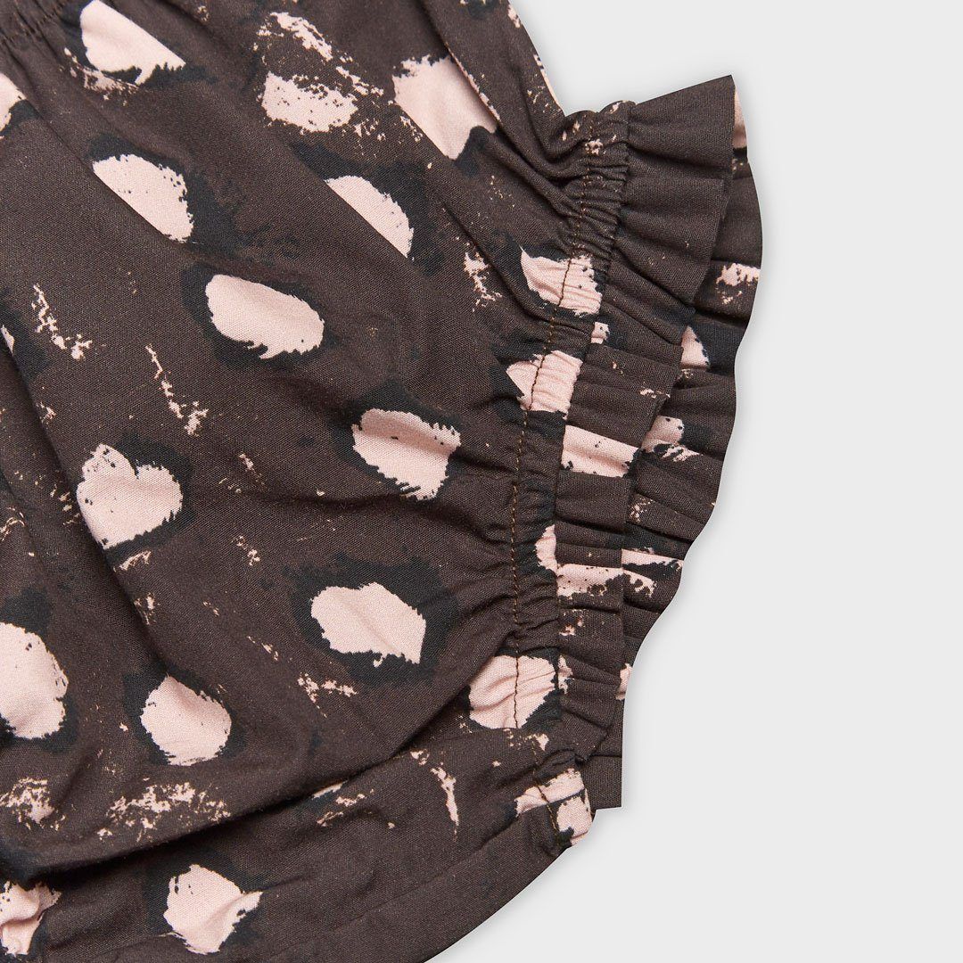 Lightweight 100% cotton knickers with our bespoke painted dot print in brown with pink and black. 