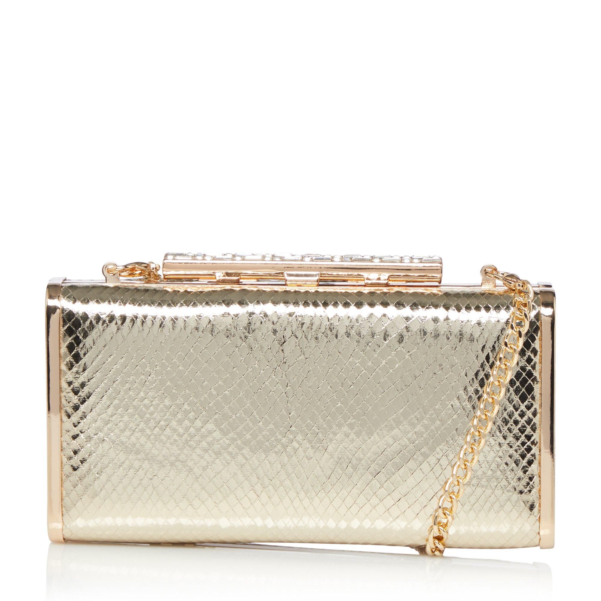 Your glamourous evening metallic box bag. Silver diamante detail clasp opening. Finished with a gold shoulder carry strap.