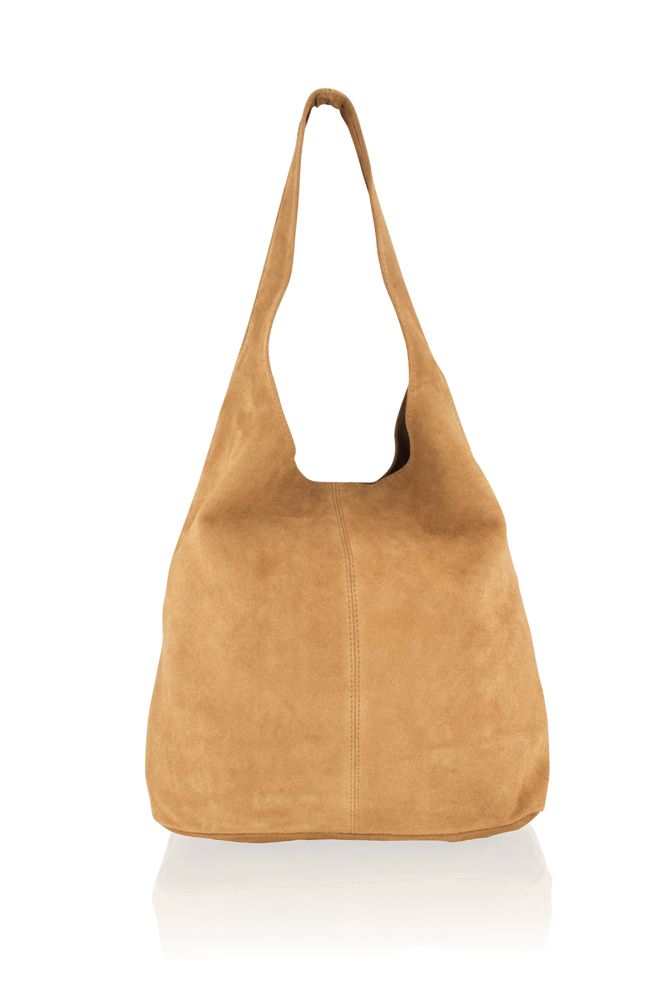 MADE IN ITALY - This is a large ‘U’ shaped suede bag which has a fixed shoulder carry handle. Included with this suede bag is a matching suede purse which is attached to the internal of this bag. The bag is closed via a silver press stud fitting to which is attached the matching purse via a silver chain. The lining on this bag is raw i.e. the other side of the suede skin is the lining. Both the front and back of this bag make use of large panels of skin. The suede is smooth and of high quality. The bag features matching colour stitching throughout. Made in Italy. Dimension: H (39.0cms), L (43.0cms), D (17.0cms).