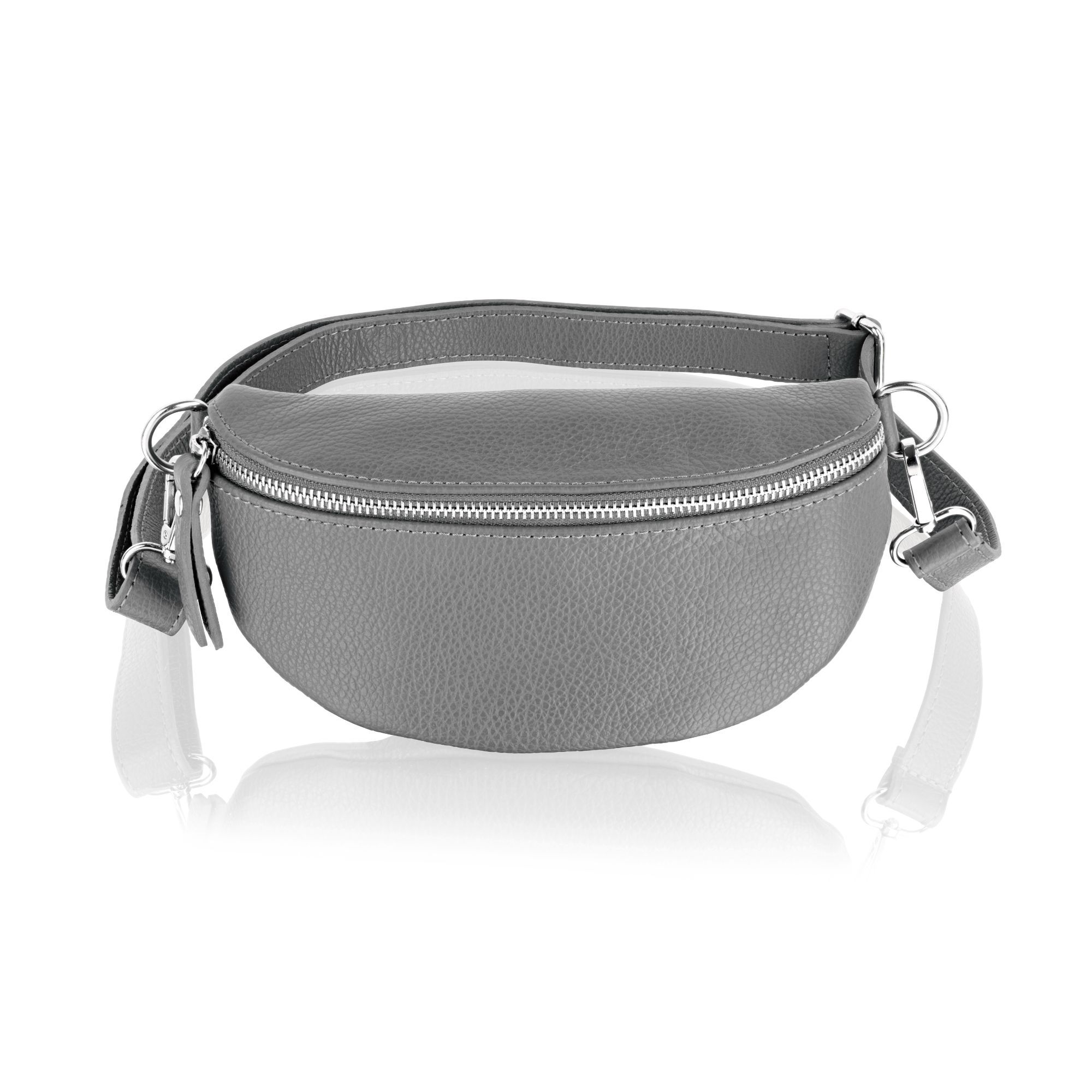 MADE IN ITALY - This is a small but stylish genuine leather waist bag and is very simplistic in design and look. The bag is accessed via a metal silver zip and once inside there are 2 sections: one to accommodate cards and cash and the other one is to put the other necessities. There are 2 closed silver buckles on either side of the bag which can attach to an adjustable strap with key ring style hooks on either side of the shoulder strap. The leather is smooth and of high quality being made in Italy.