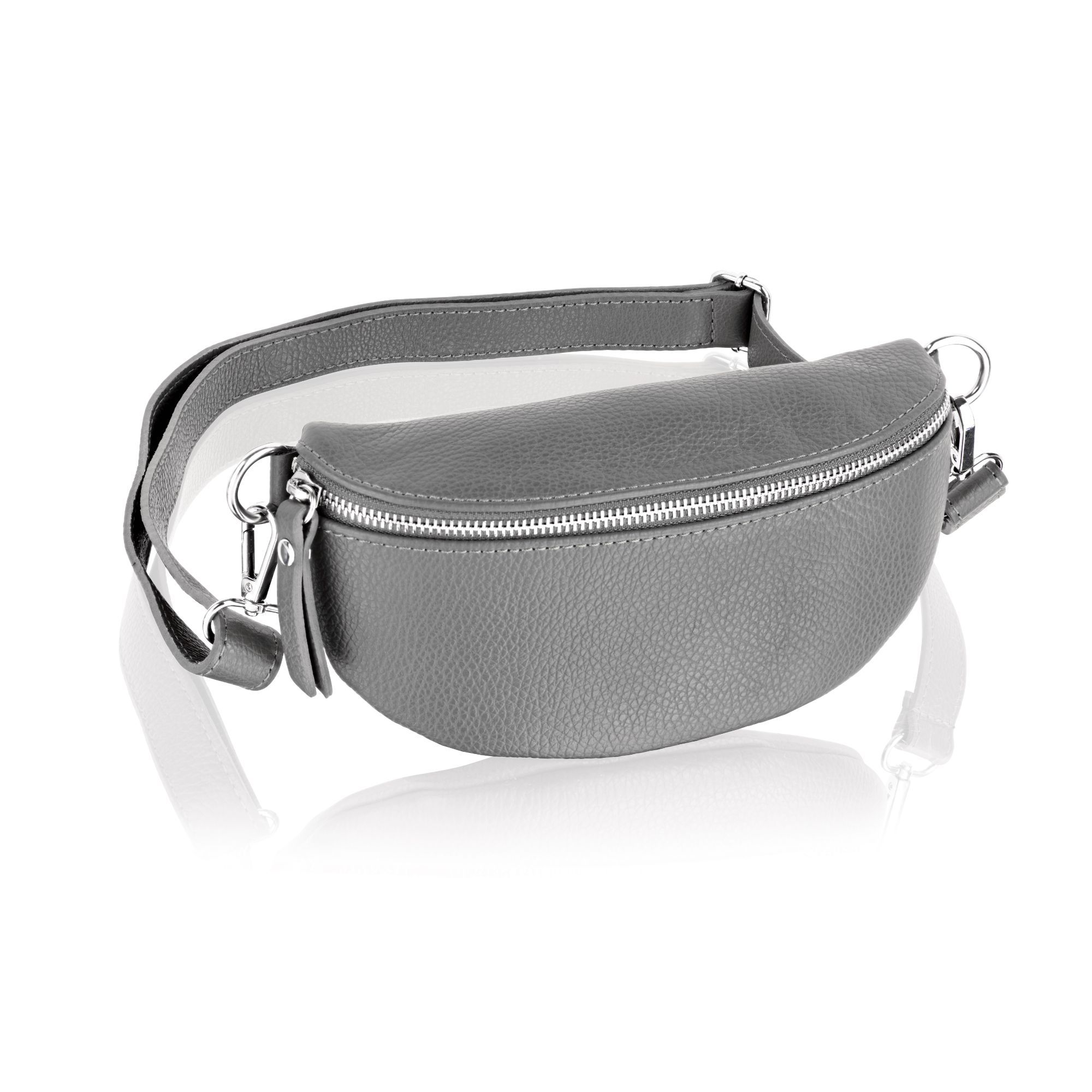 MADE IN ITALY - This is a small but stylish genuine leather waist bag and is very simplistic in design and look. The bag is accessed via a metal silver zip and once inside there are 2 sections: one to accommodate cards and cash and the other one is to put the other necessities. There are 2 closed silver buckles on either side of the bag which can attach to an adjustable strap with key ring style hooks on either side of the shoulder strap. The leather is smooth and of high quality being made in Italy.
