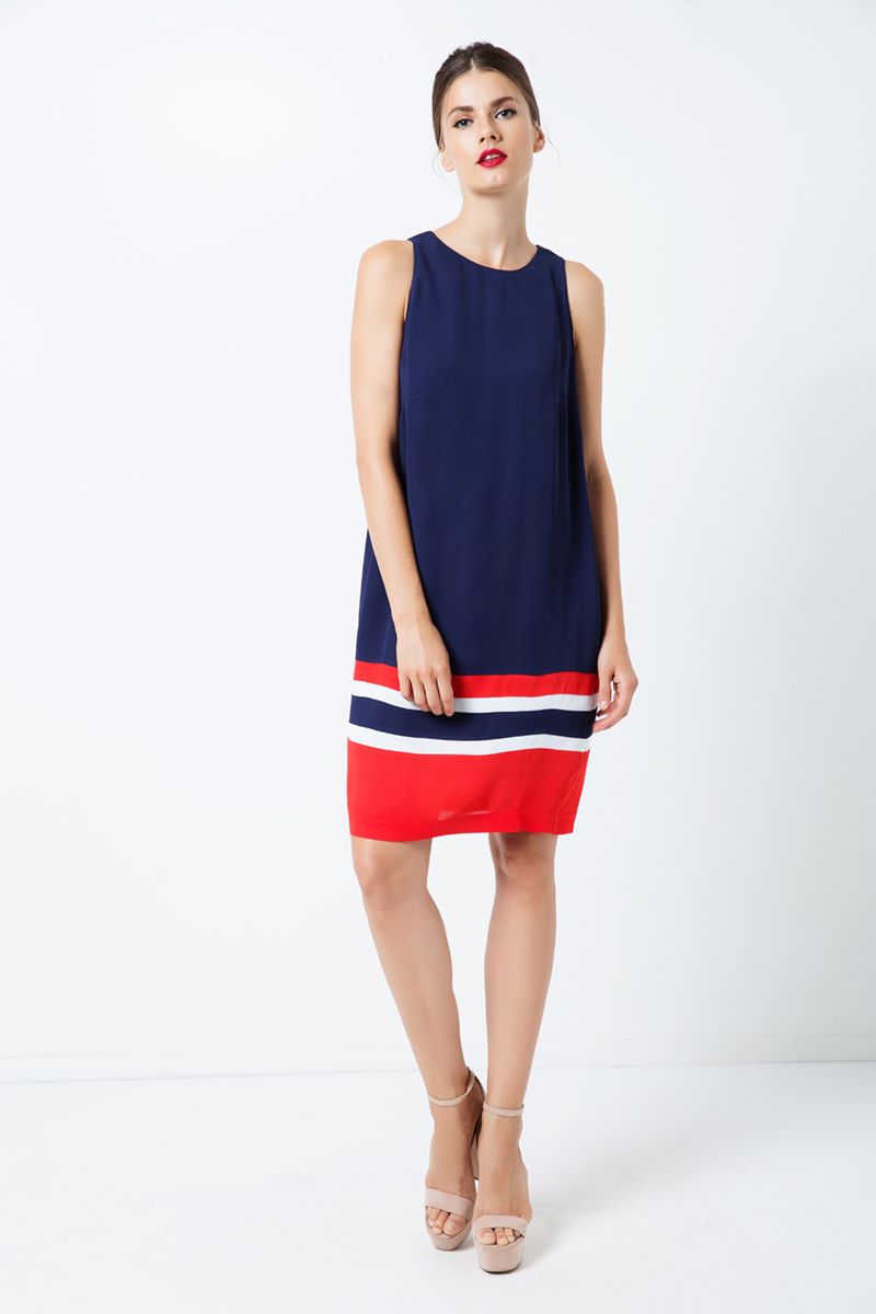 Sleeveless Blue Dress with Multicolour Panel Detail