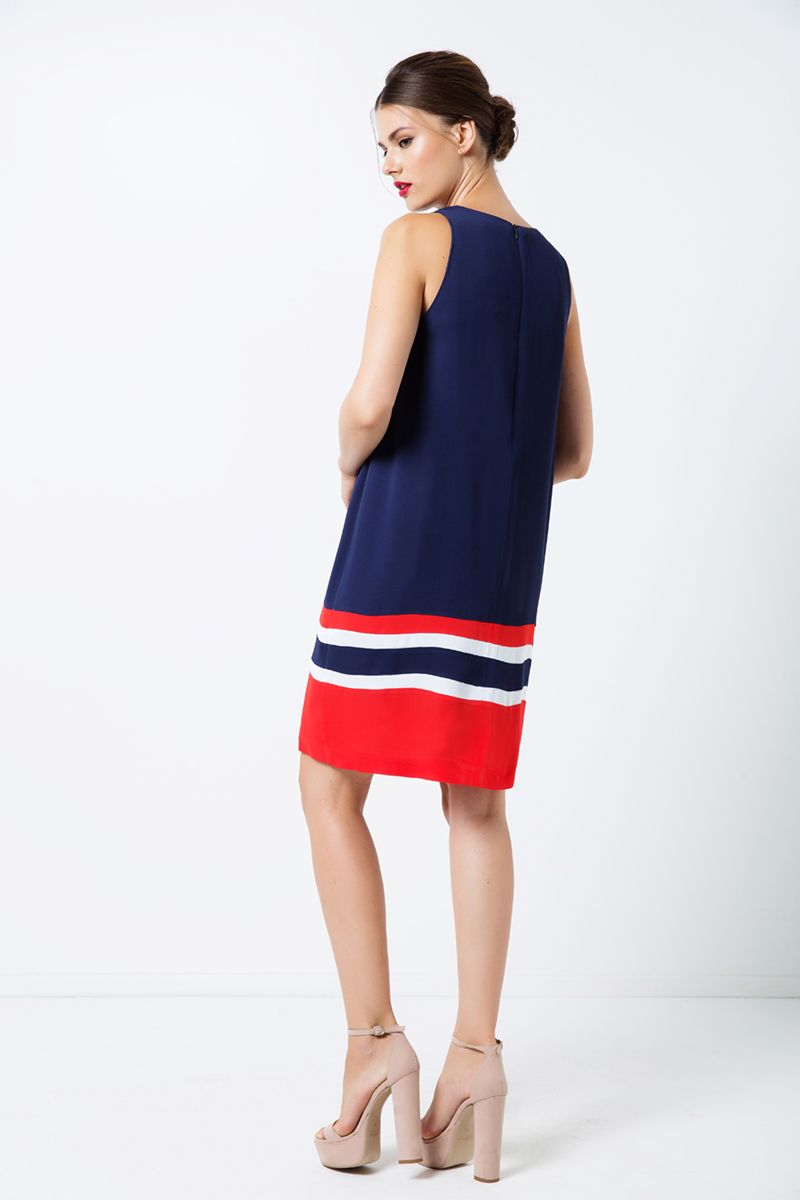 Sleeveless Blue Dress with Multicolour Panel Detail